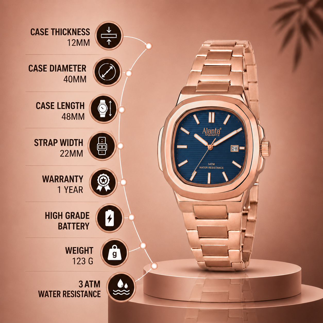Astera Rose Gold Blue Dial Stainless Steel Date Display  Watch for Men
