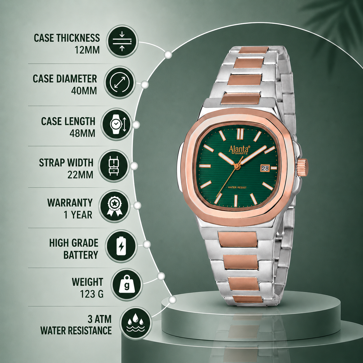 Astera Two Tone  Green Dial Stainless Steel Date Display Watch for Men