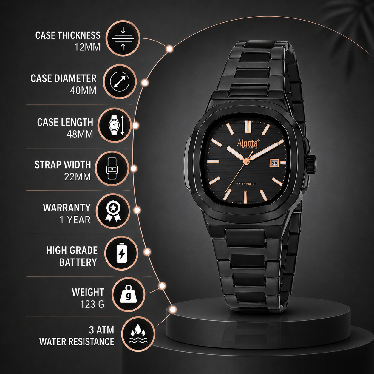 Astera Black Dial Stainless Steel Date Display Watch for Men