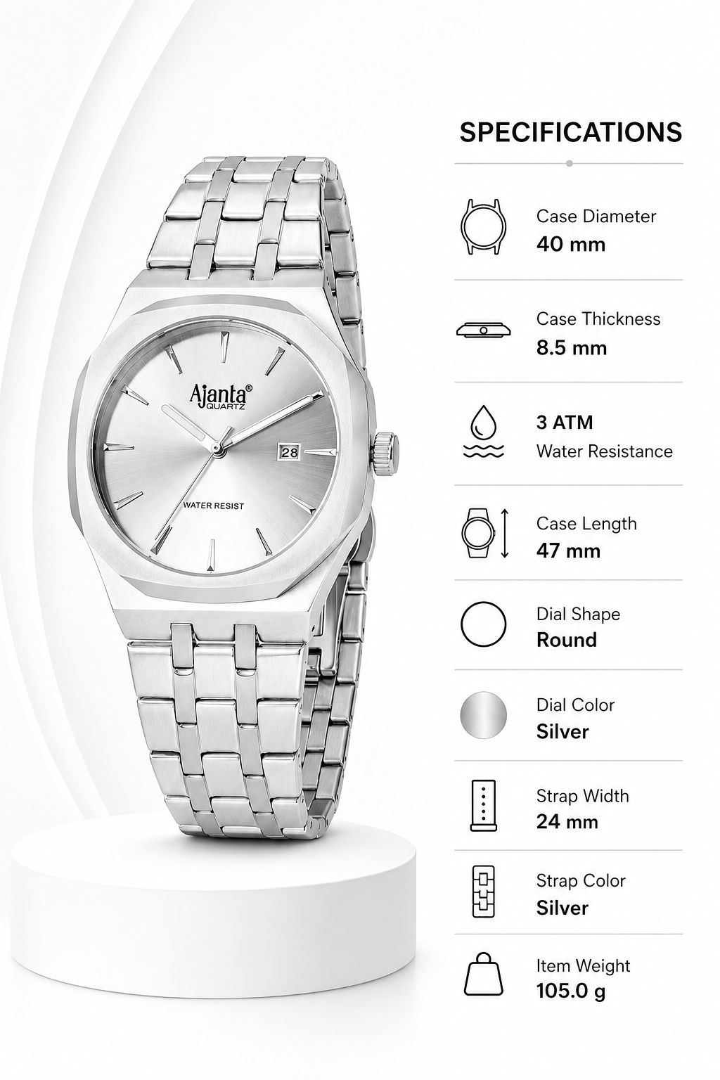 Vertex Silver Sunray Dial Stainless Steel Date Display Watch for Men