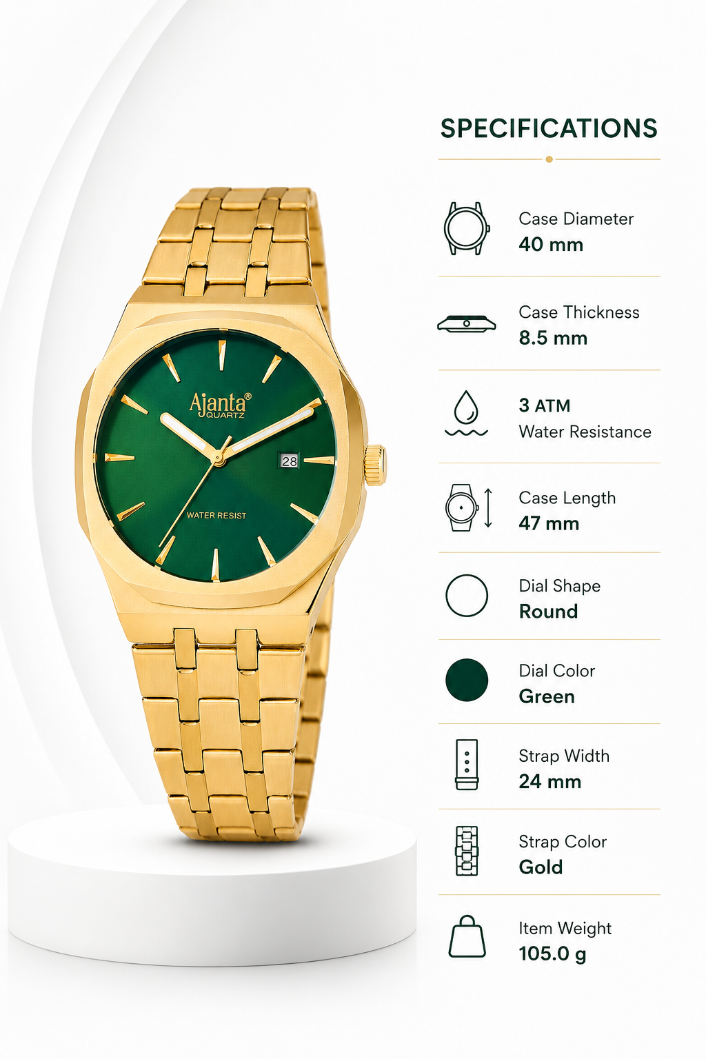Vertex  Gold Green Dial Stainless Steel Date  Display Watch for Men