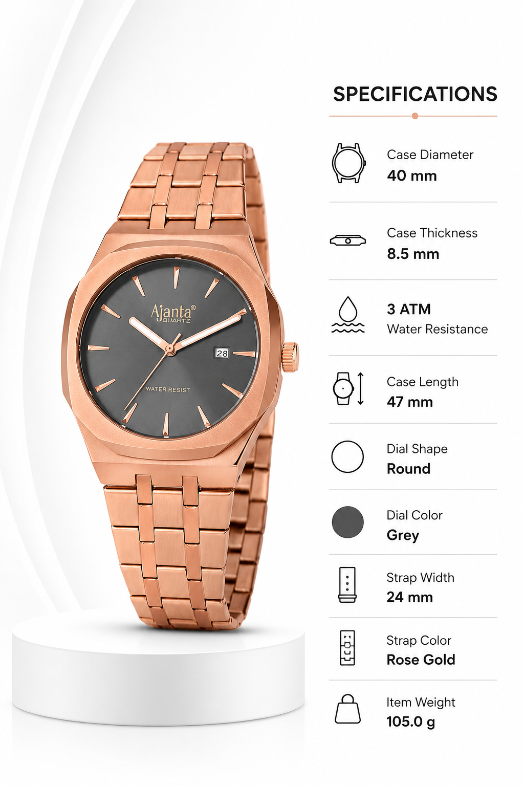 Vertex  Rose Gold Grey Dial Stainless Steel Date  Display Watch for Men