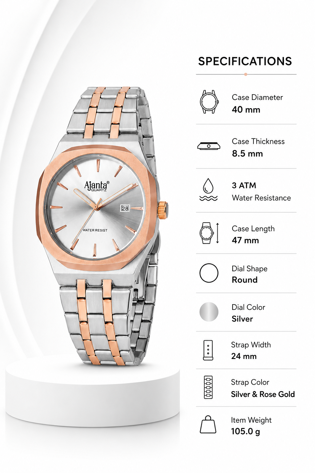 Vertex Two Tone  Silver Dial Stainless Steel Date Display Watch for Men