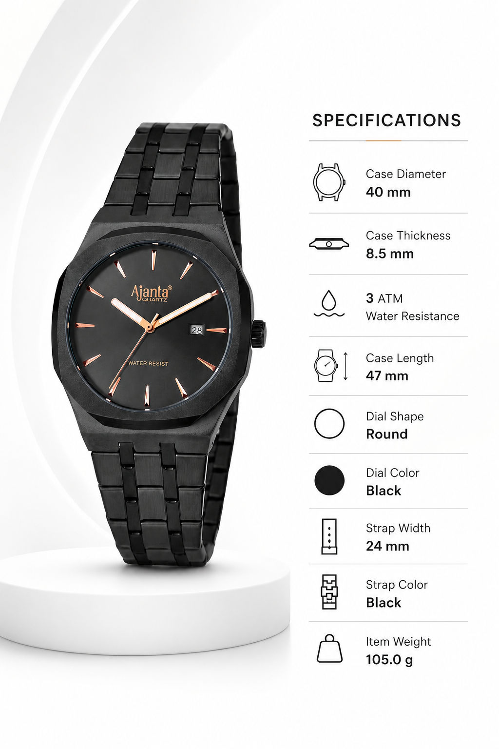 Vertex Black Dial Stainless Steel Date  Display Watch for Men
