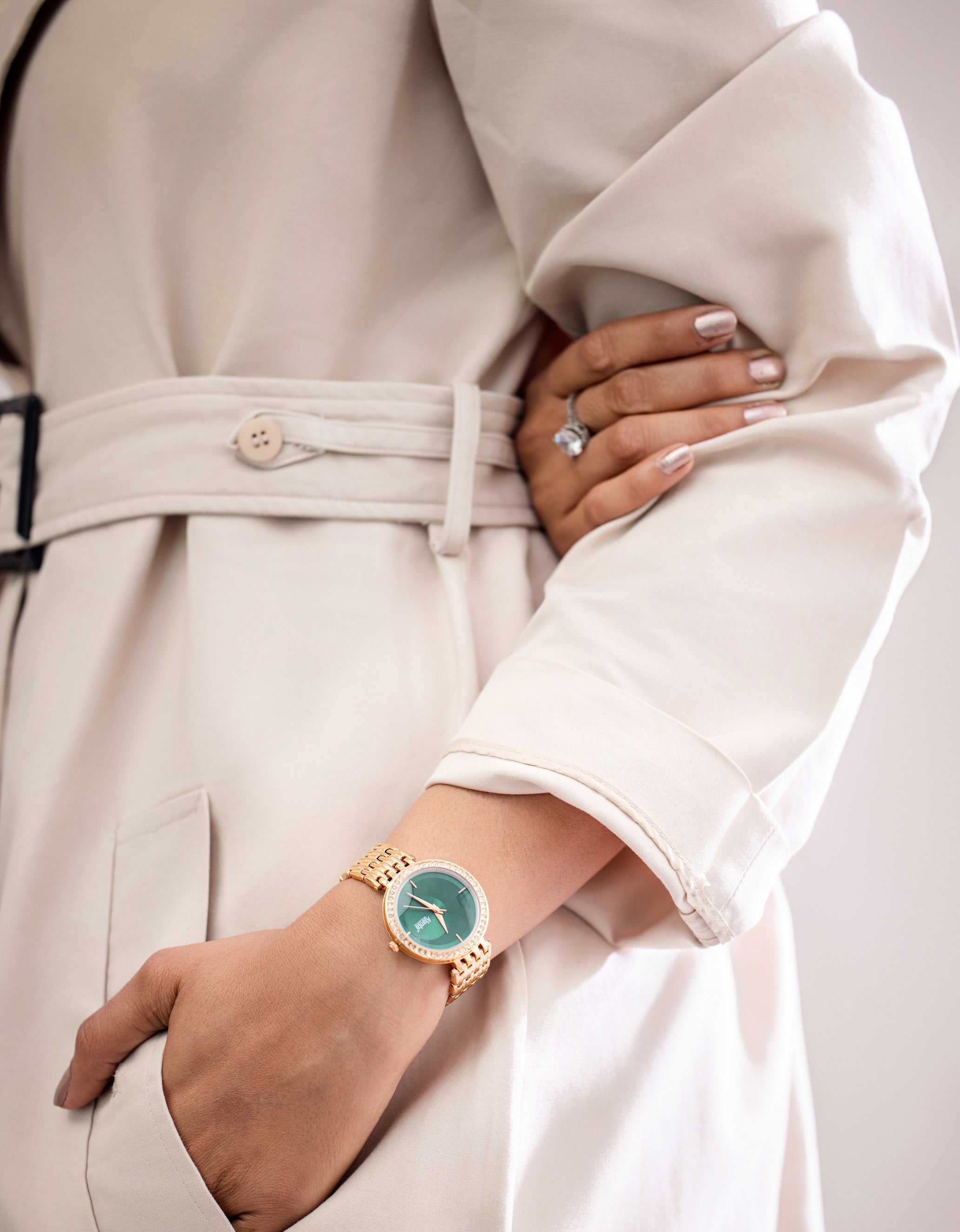 Ajanta Rose Gold Women's Analog Watch  — Premium Crystal Bezel Stylish Green Dial Elegant Ladies Wrist Watch| AWC125ESL/3