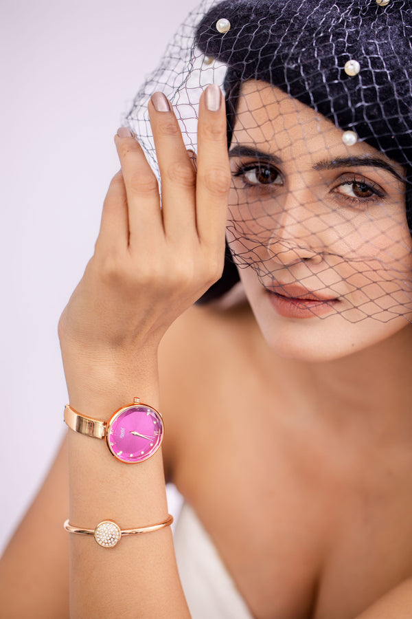 Ajanta Quartz Rose Gold Women's Watch with Purple Dial & Matching Bracelet  — Crystal Studded Analog Wrist Watch| AWC126ESL/4