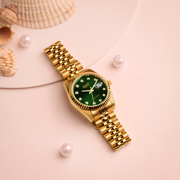 Avenza Gold Tone Green Dial Stainless Steel Day-Date Watch