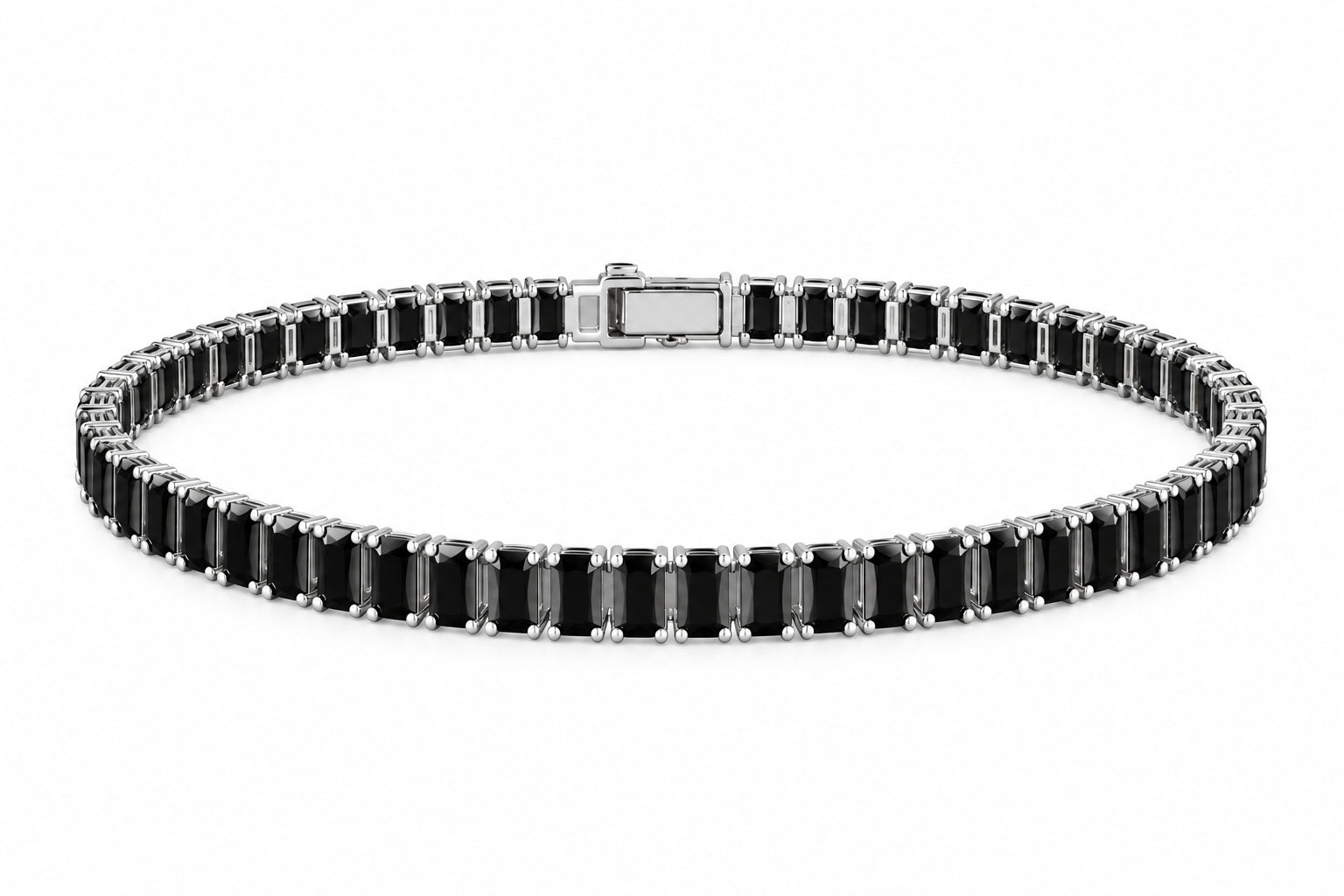Jet Black Baguette Tennis Bracelet for Men & Women – Silver Tone | Anti-Tarnish Stainless Steel