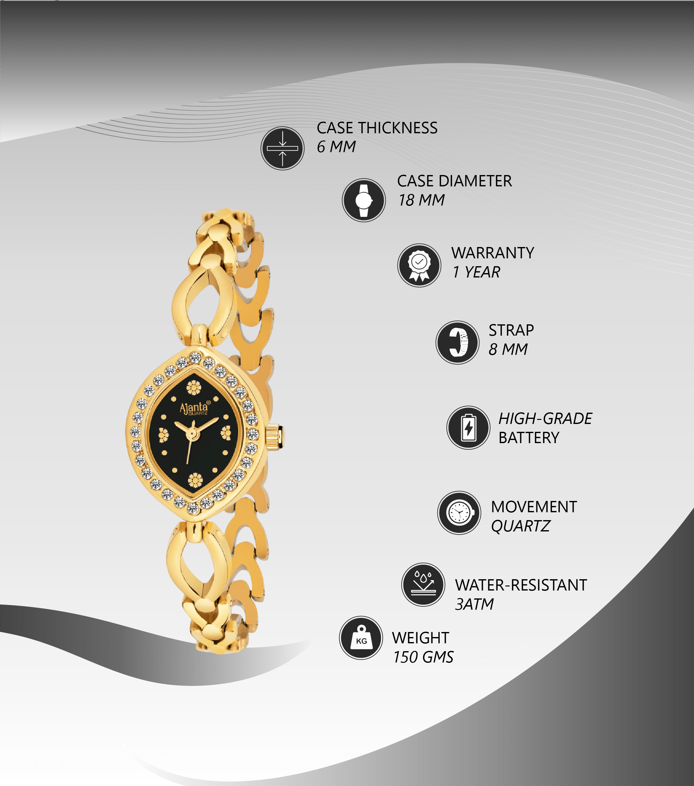 Ajanta Women’s Black Dial Strap Watch | AWC415/1