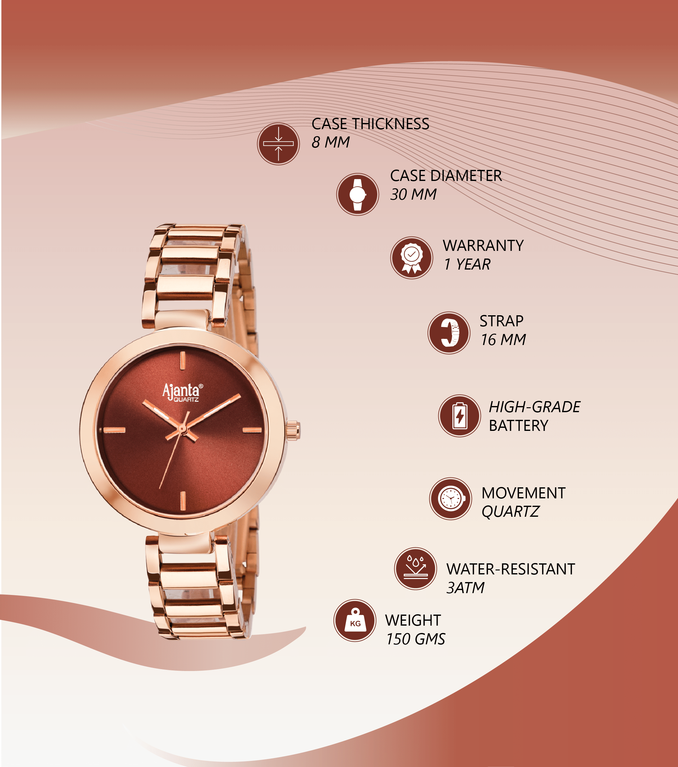 Ajanta Women’s Brown Dial Watch | AWC043MSL/BRR/R