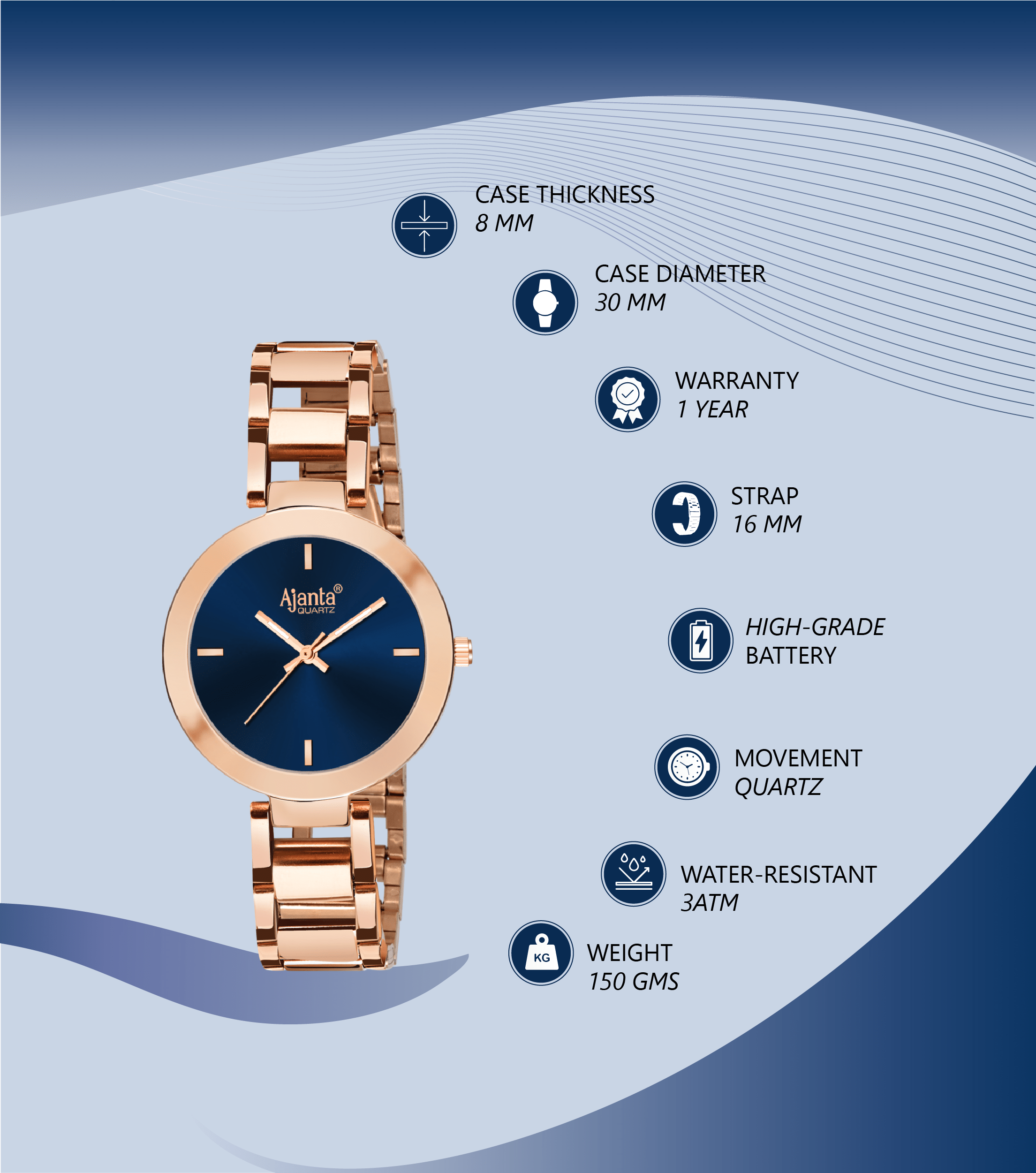 Ajanta Men’s Blue Dial Stainless Steel Strap Watch | AWC043MSL/BR/R