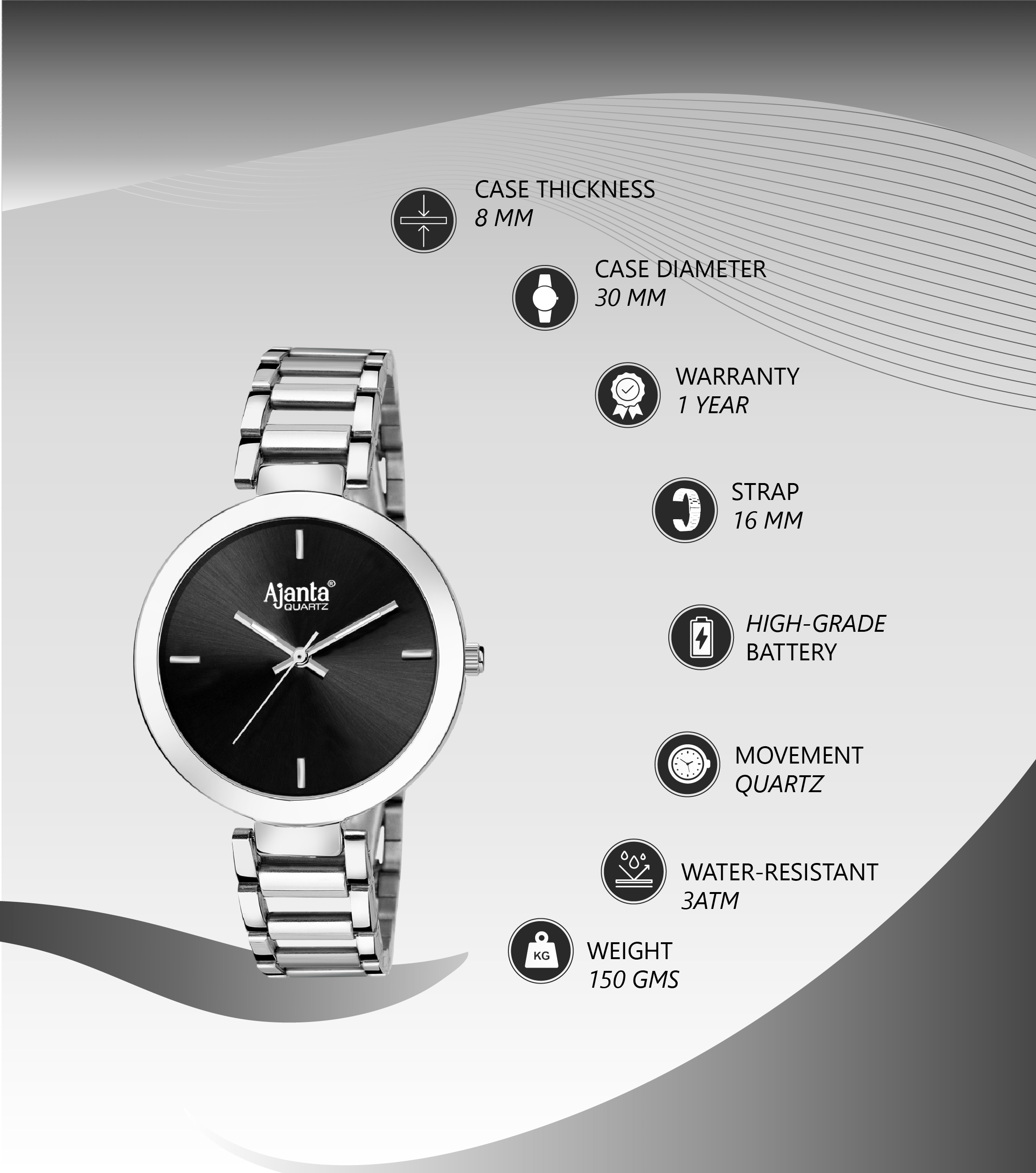 Ajanta Black Dial Stainless Steel Strap Watch | AWC043MSL/BSL