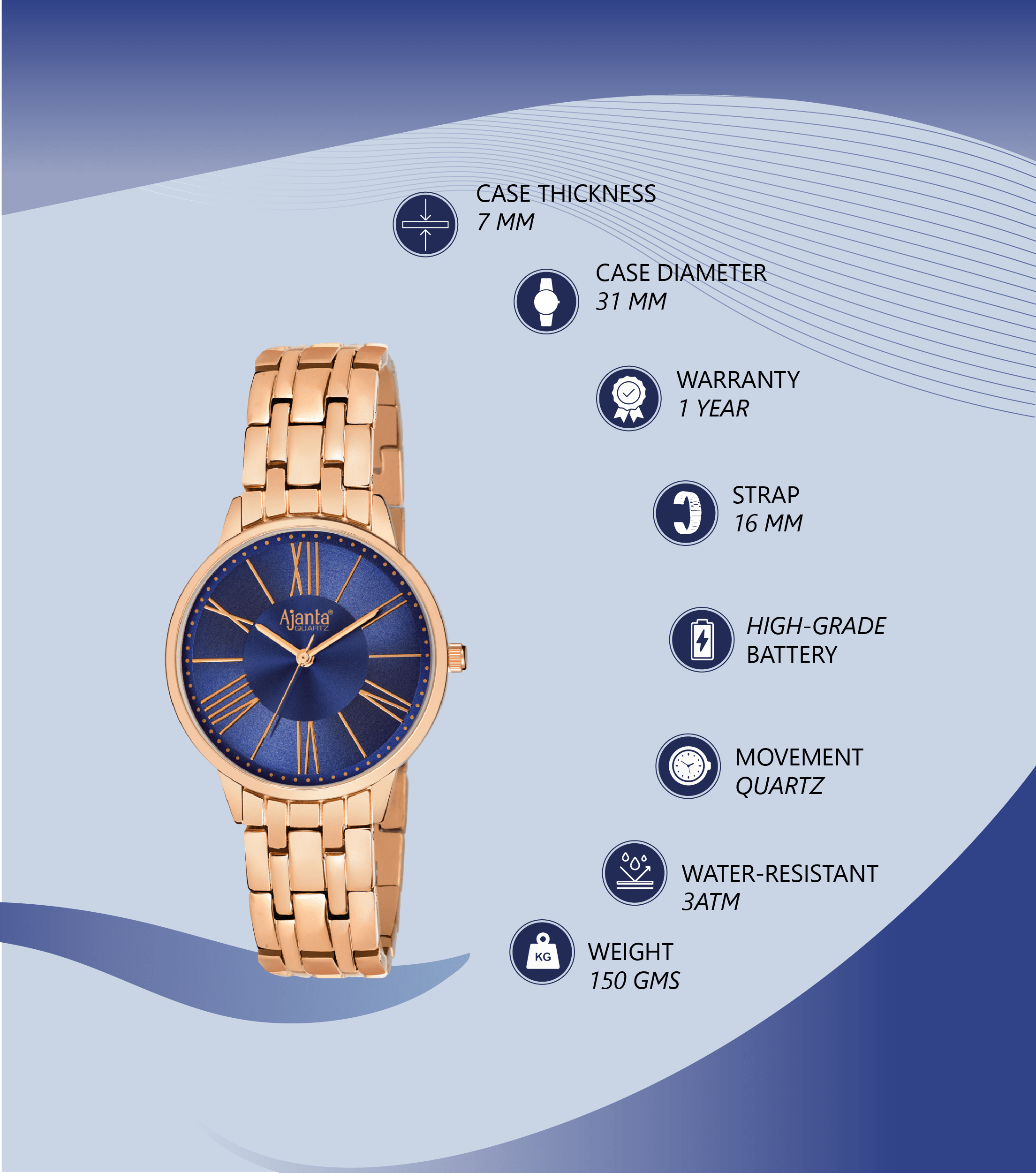 Ajanta Blue Dial Stainless Steel Strap Watch | AWC116ESL/2