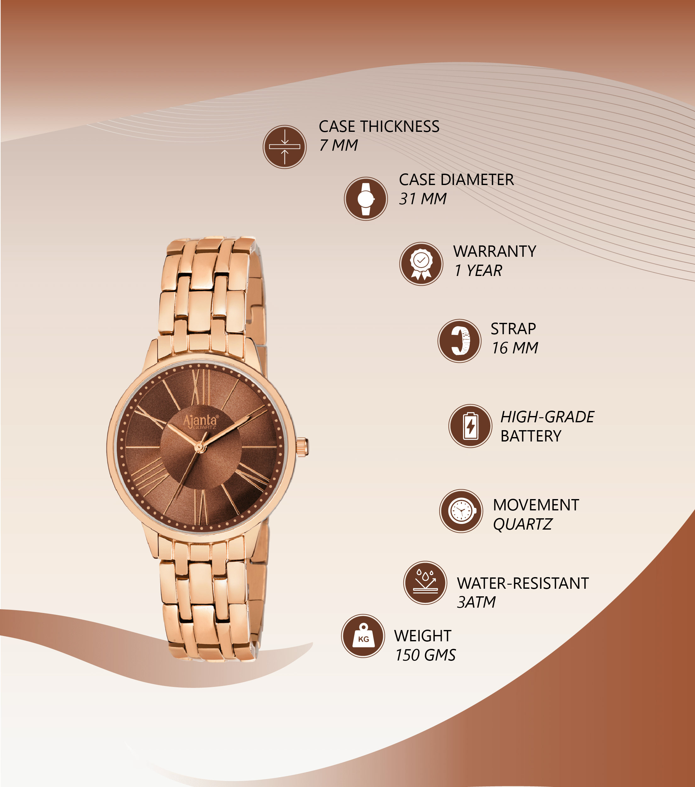 Ajanta Brown Dial Stainless Steel Strap Watch | AWC116ESL/3