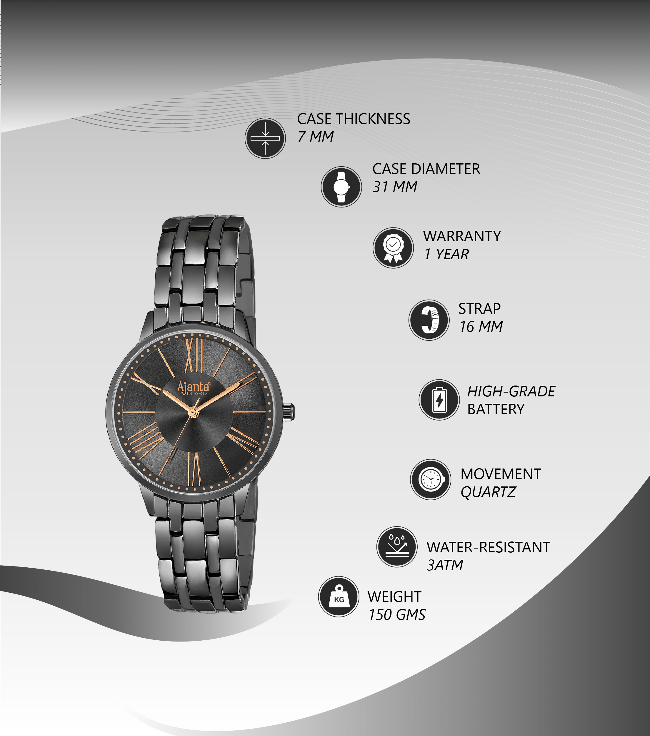 Ajanta Grey Dial Stainless Steel Strap Watch | AWC116ESL/5