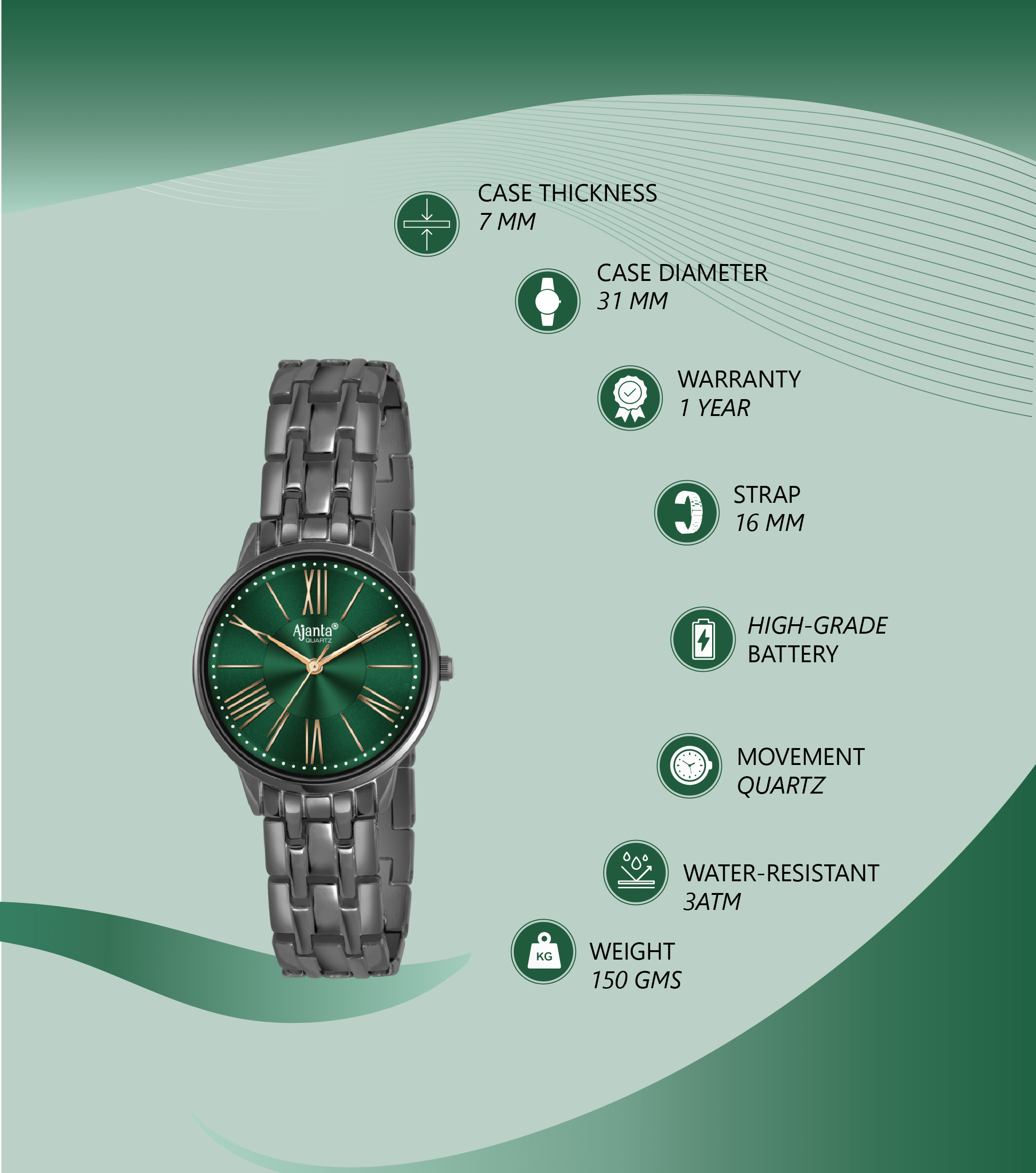 Ajanta Green Dial Stainless Steel Strap Watch | AWC116ESL/6