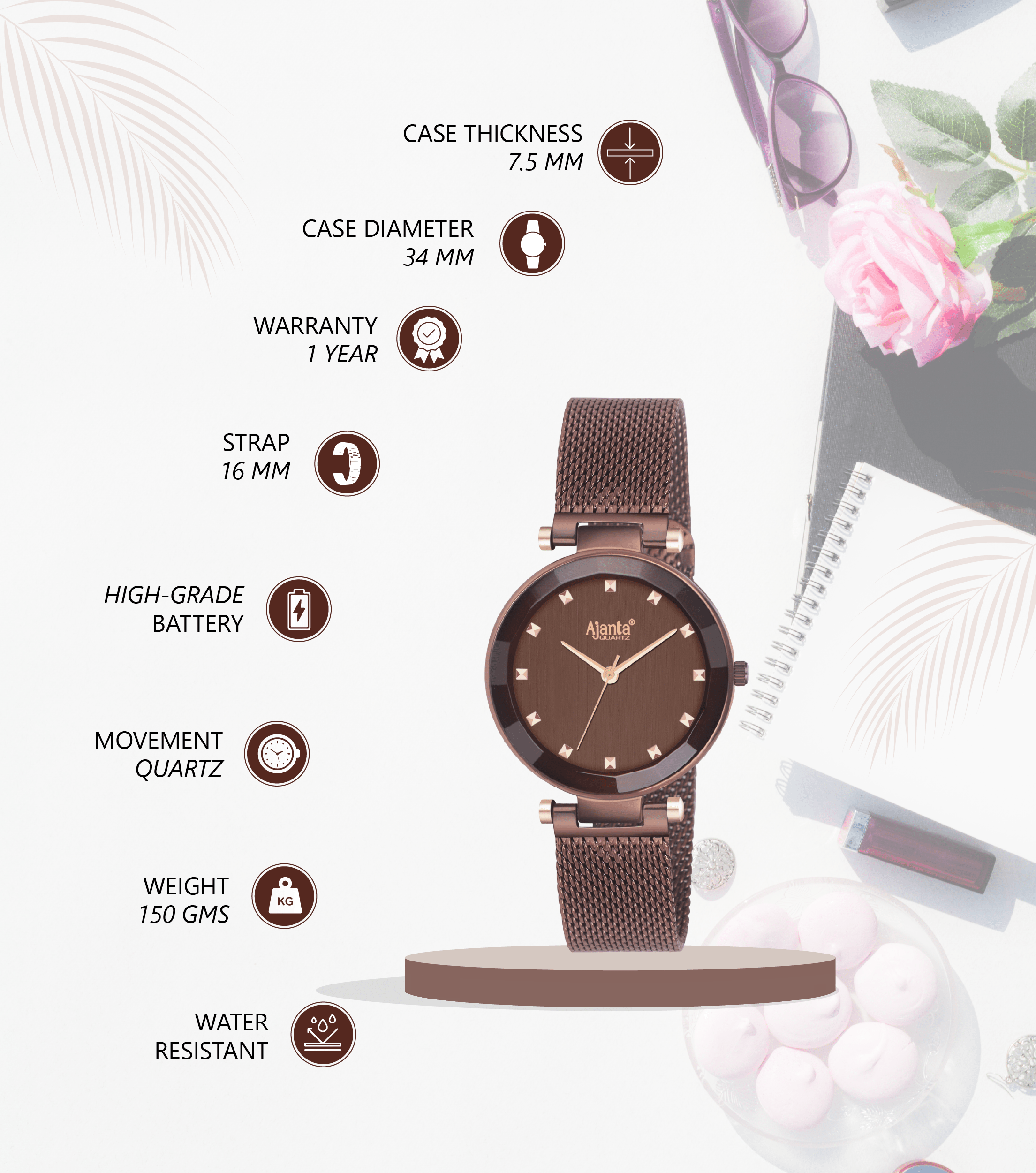 Ajanta Brown Dial Stainless Steel Strap Watch | AWC118ESL/3