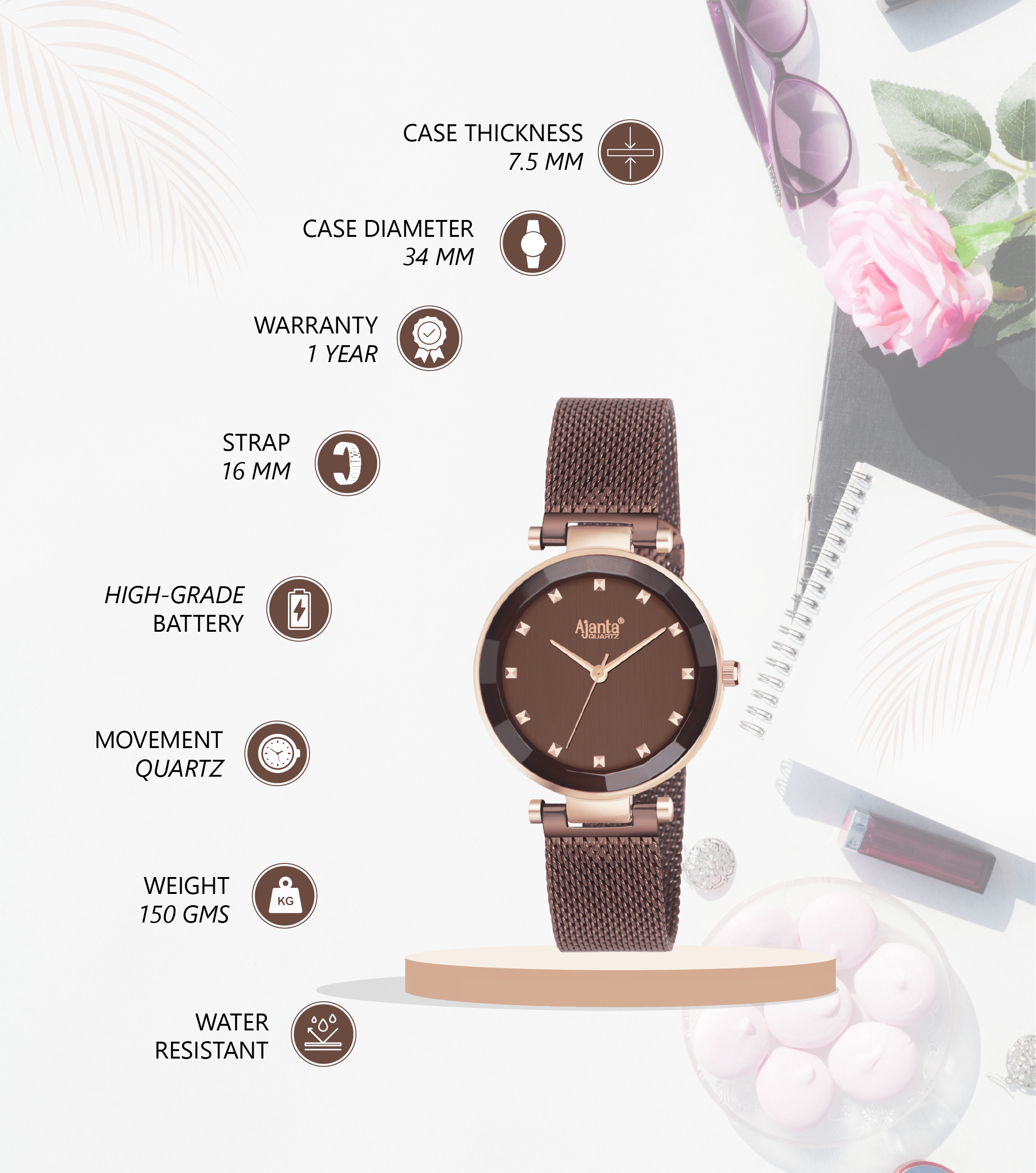 Ajanta Brown Dial Stainless Steel Strap Watch | AWC118ESL/4