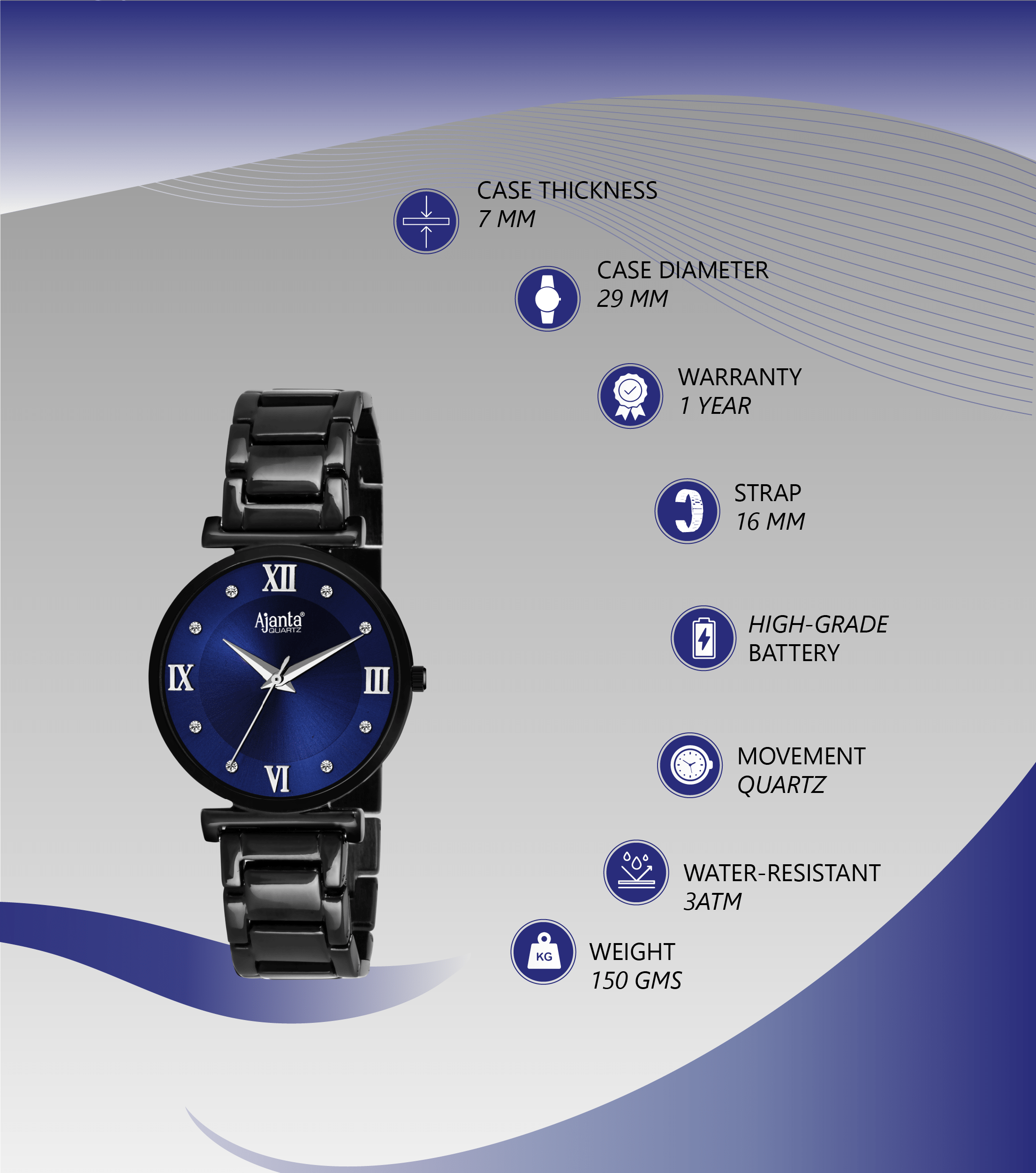 Ajanta Blue Dial Stainless Steel Strap Watch | AWC119ESL/4