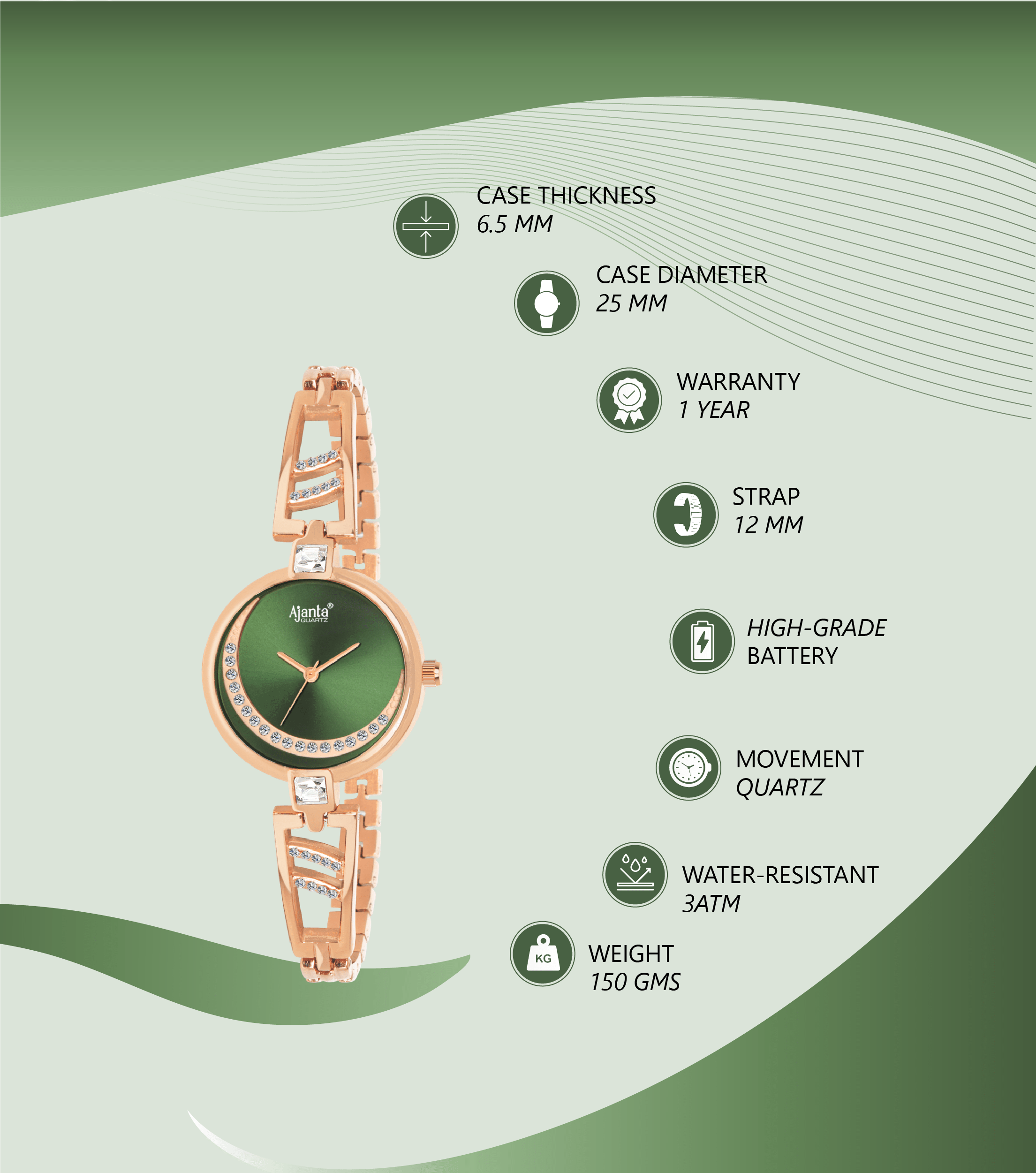 Ajanta Women’s Green Dial Watch | AWC121ESL/3