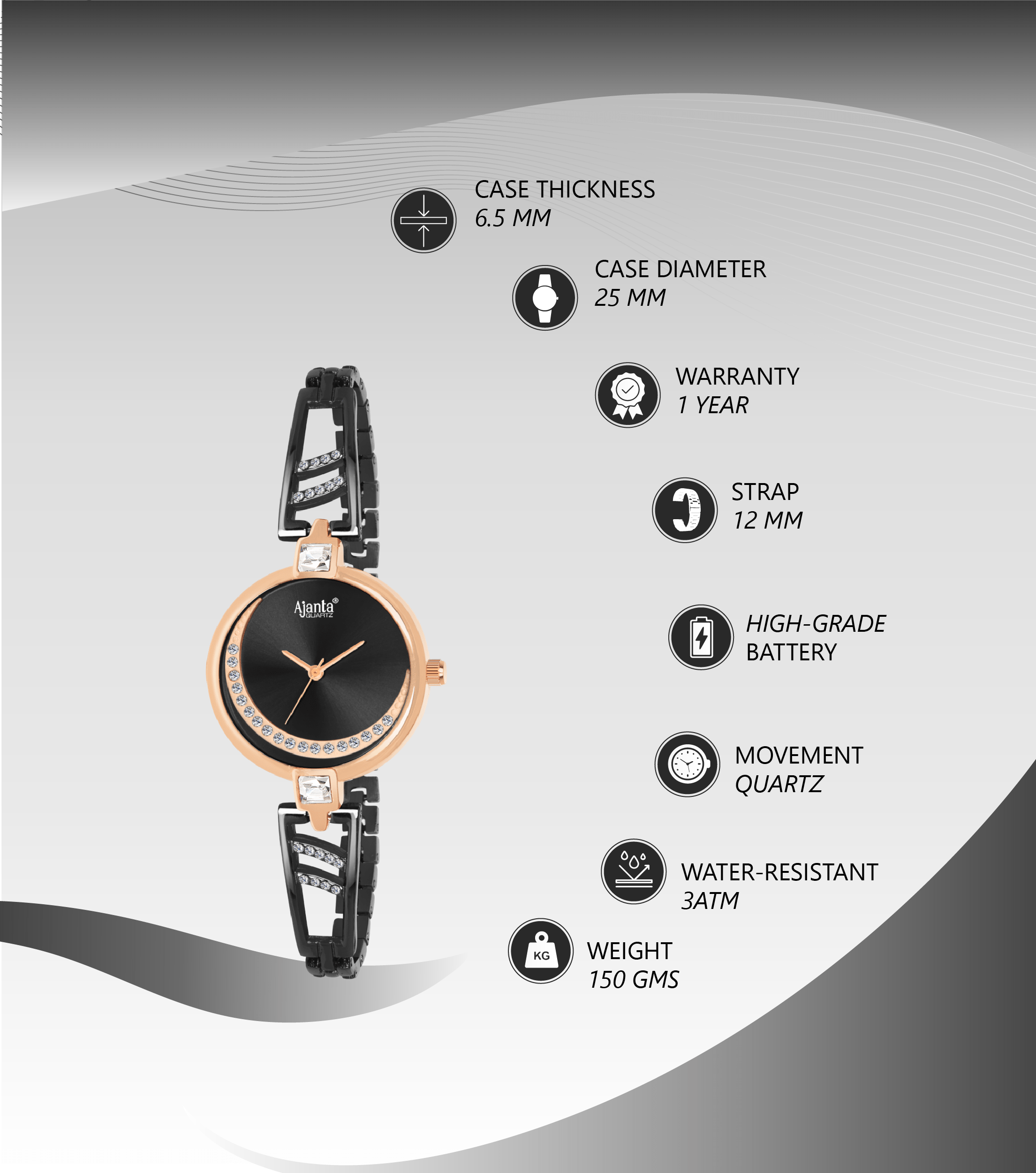 Ajanta Men’s Black Dial Stainless Steel Strap Watch | AWC121ESL/5