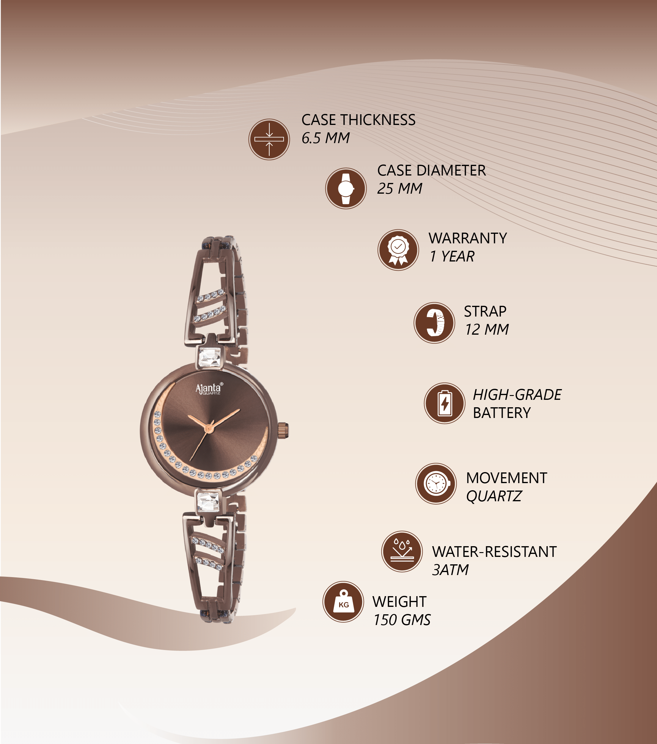 Ajanta Women’s Brown Dial Stainless Steel Strap Watch | AWC121ESL/4