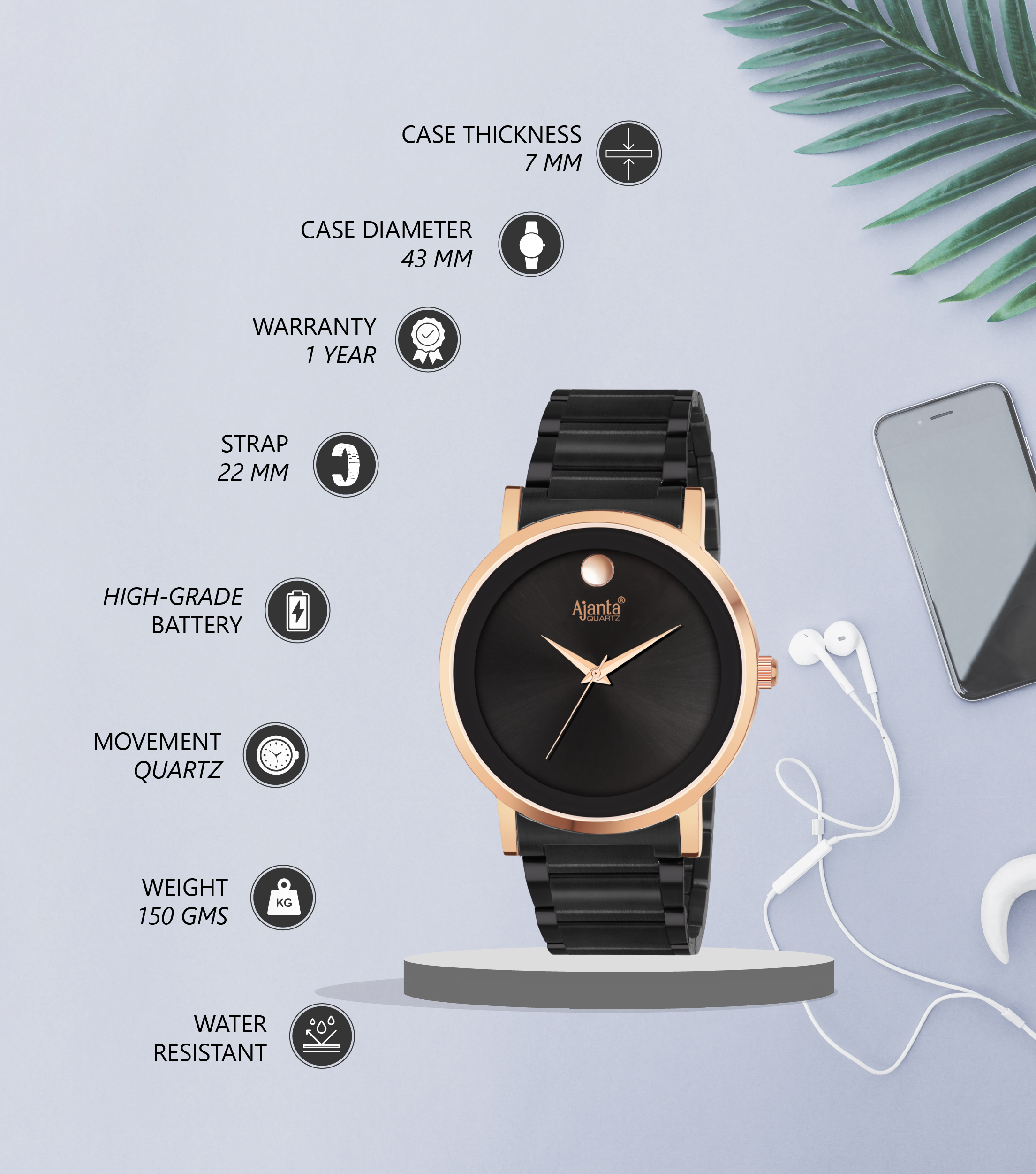 Ajanta Men’s Black Dial Strap Watch | AWC122-2