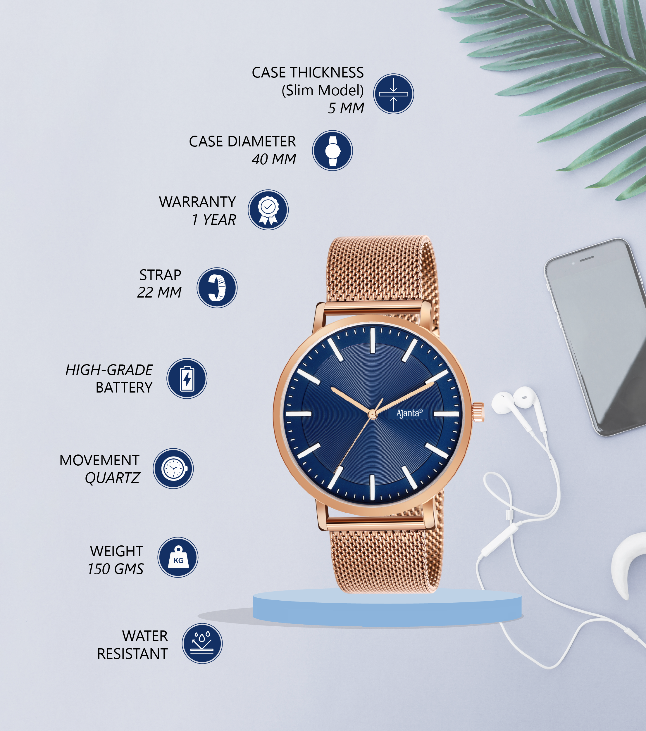 Ajanta Blue Dial Strap Watch | AWC123MSG/2