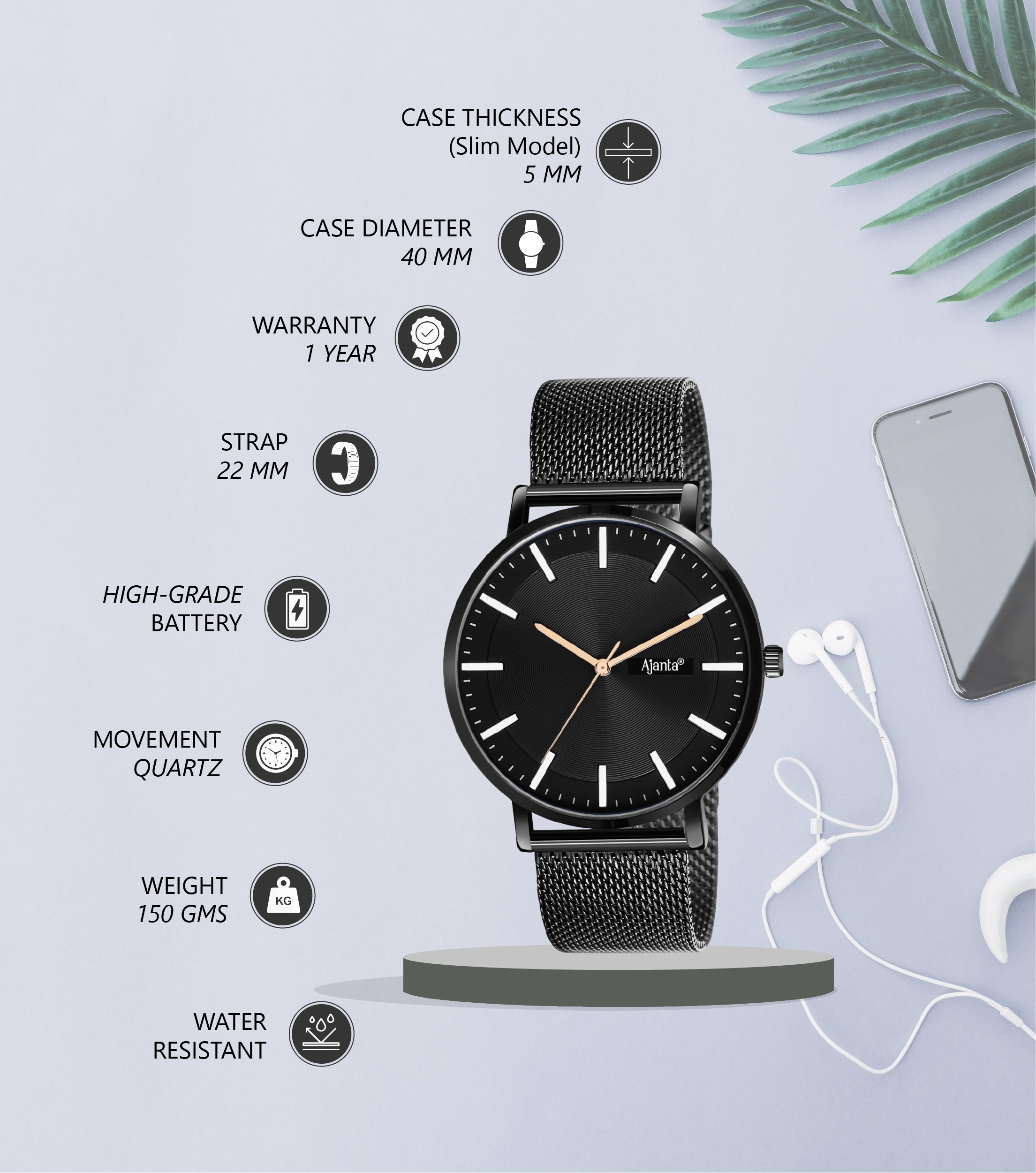 Ajanta Black Dial Mesh Strap Watch | AWC123MSG/3