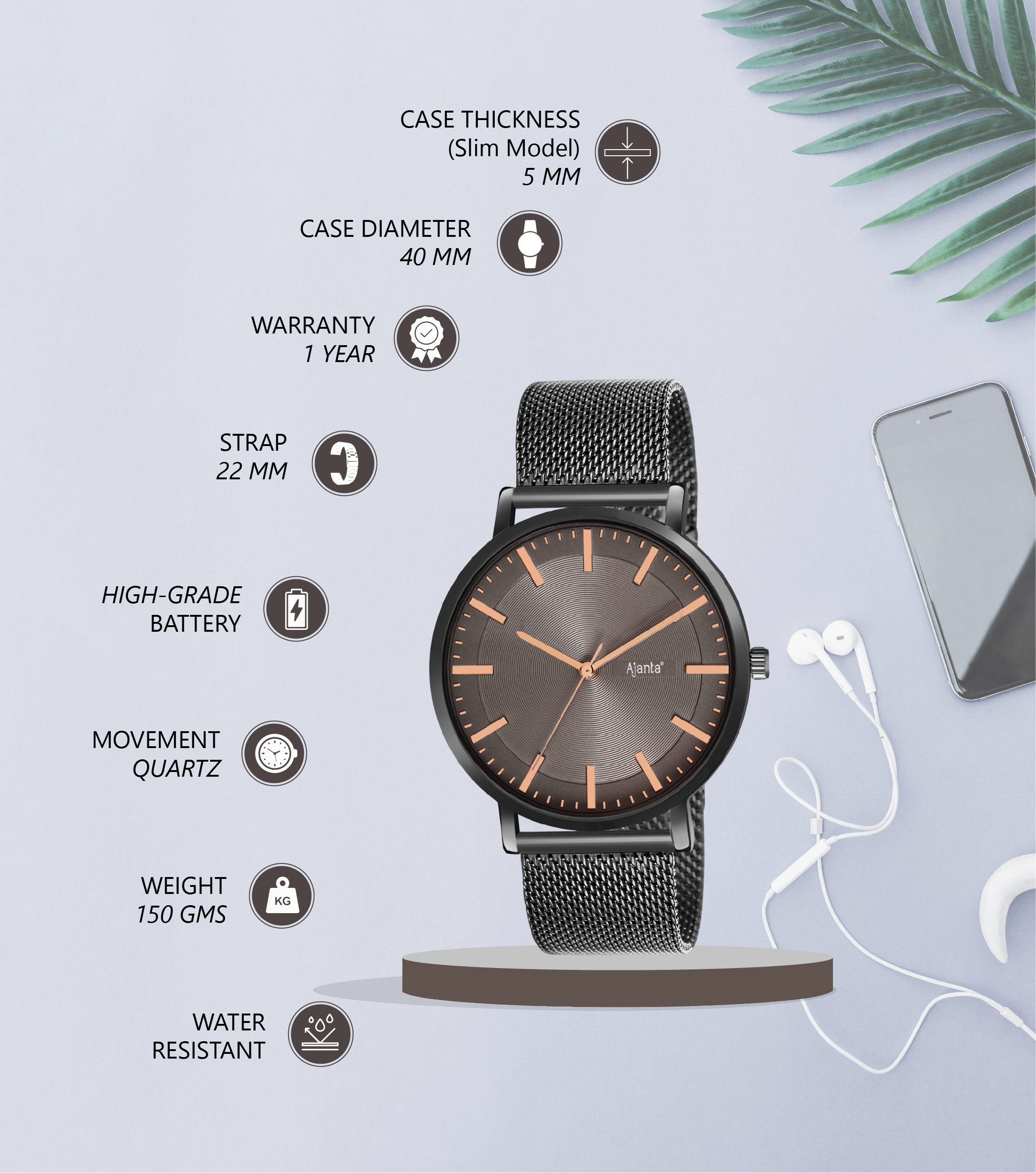 Ajanta Grey Dial Mesh Strap Watch | AWC123MSG/4