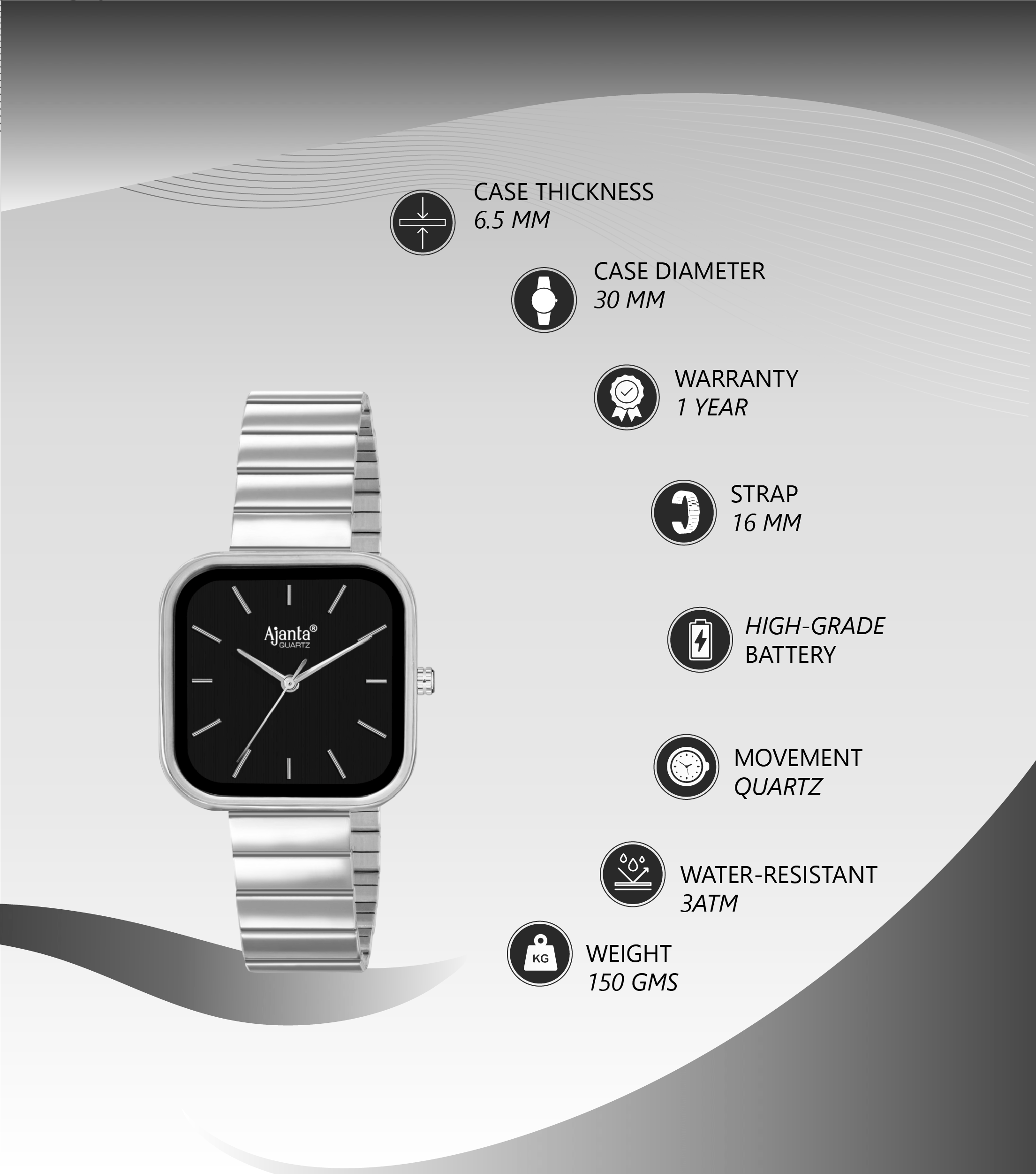 Ajanta Black Dial Watch | AWC124/1