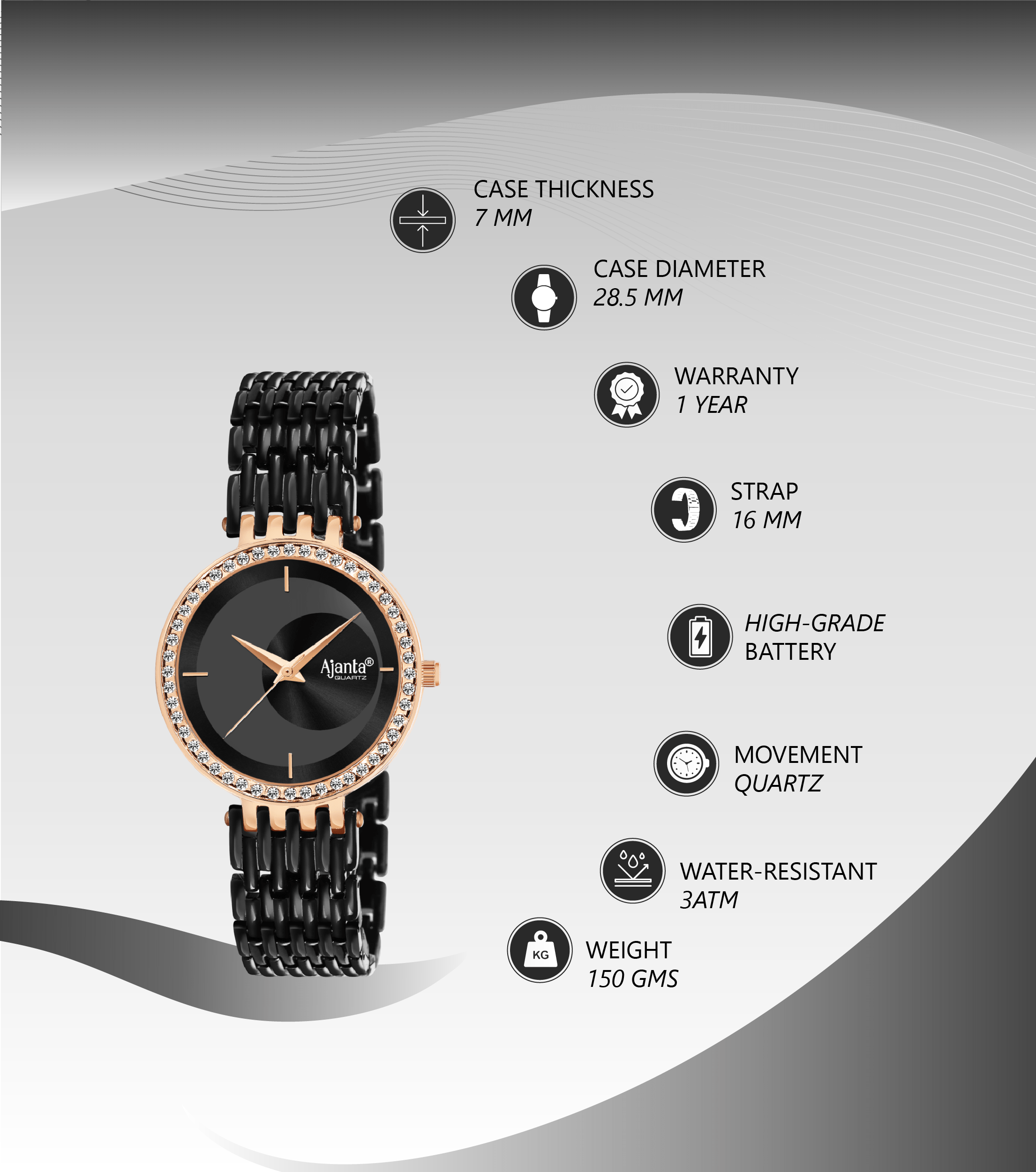 Ajanta Black Dial Watch | AWC125ESL/5