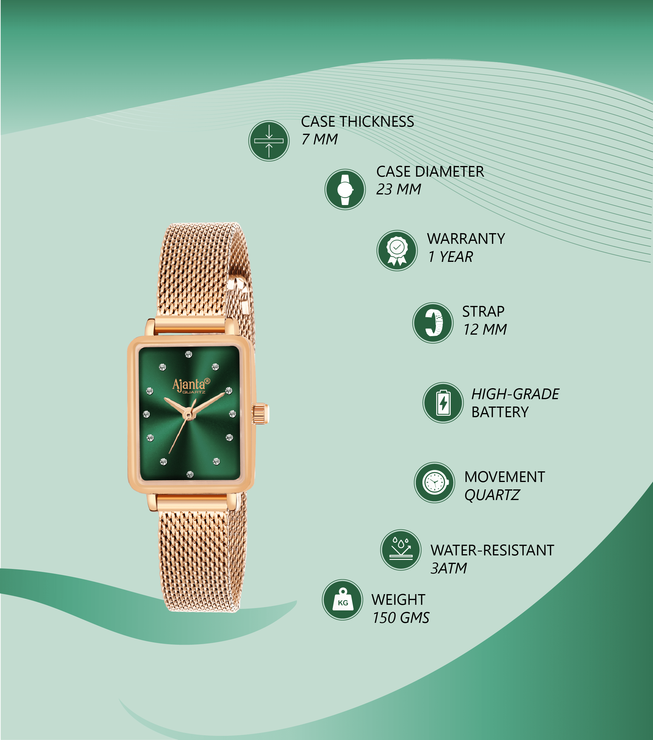 Ajanta Green Dial Mesh Strap Watch | AWC128ESL/3