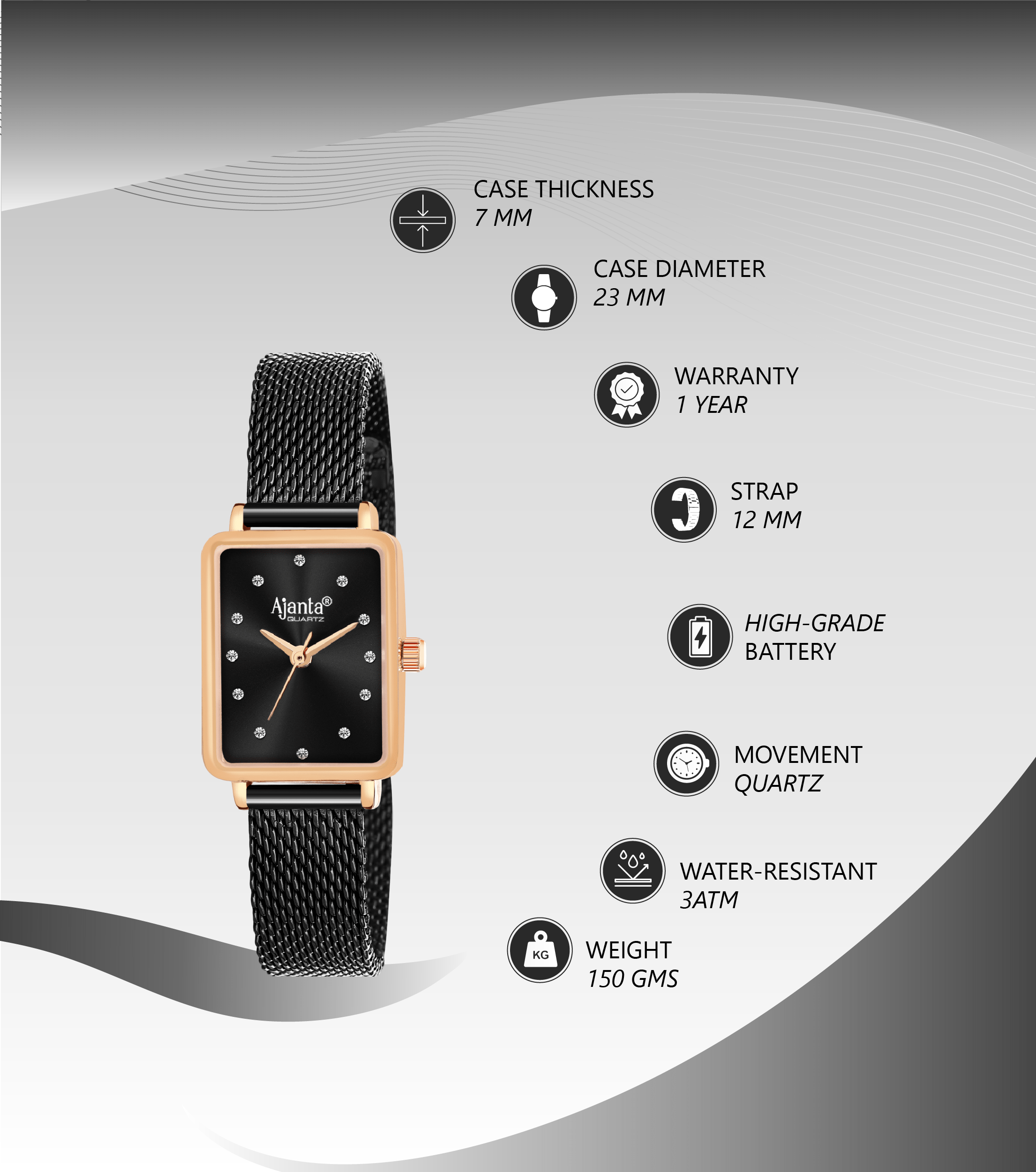 Ajanta Black Dial Mesh Strap Watch | AWC128ESL/4