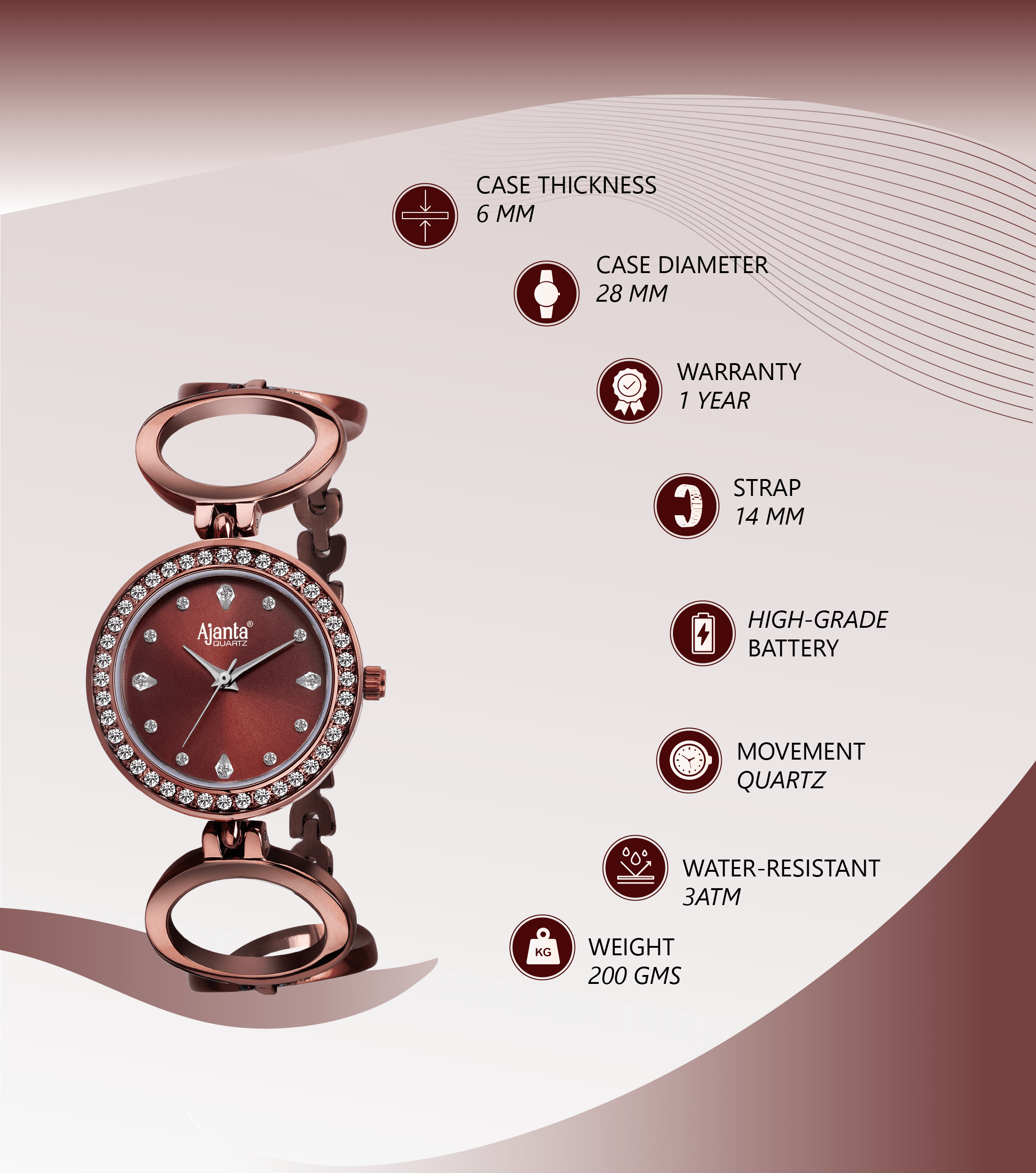 Ajanta Women’s Brown Dial Stainless Steel Strap Watch | AWC201KTL/BBR