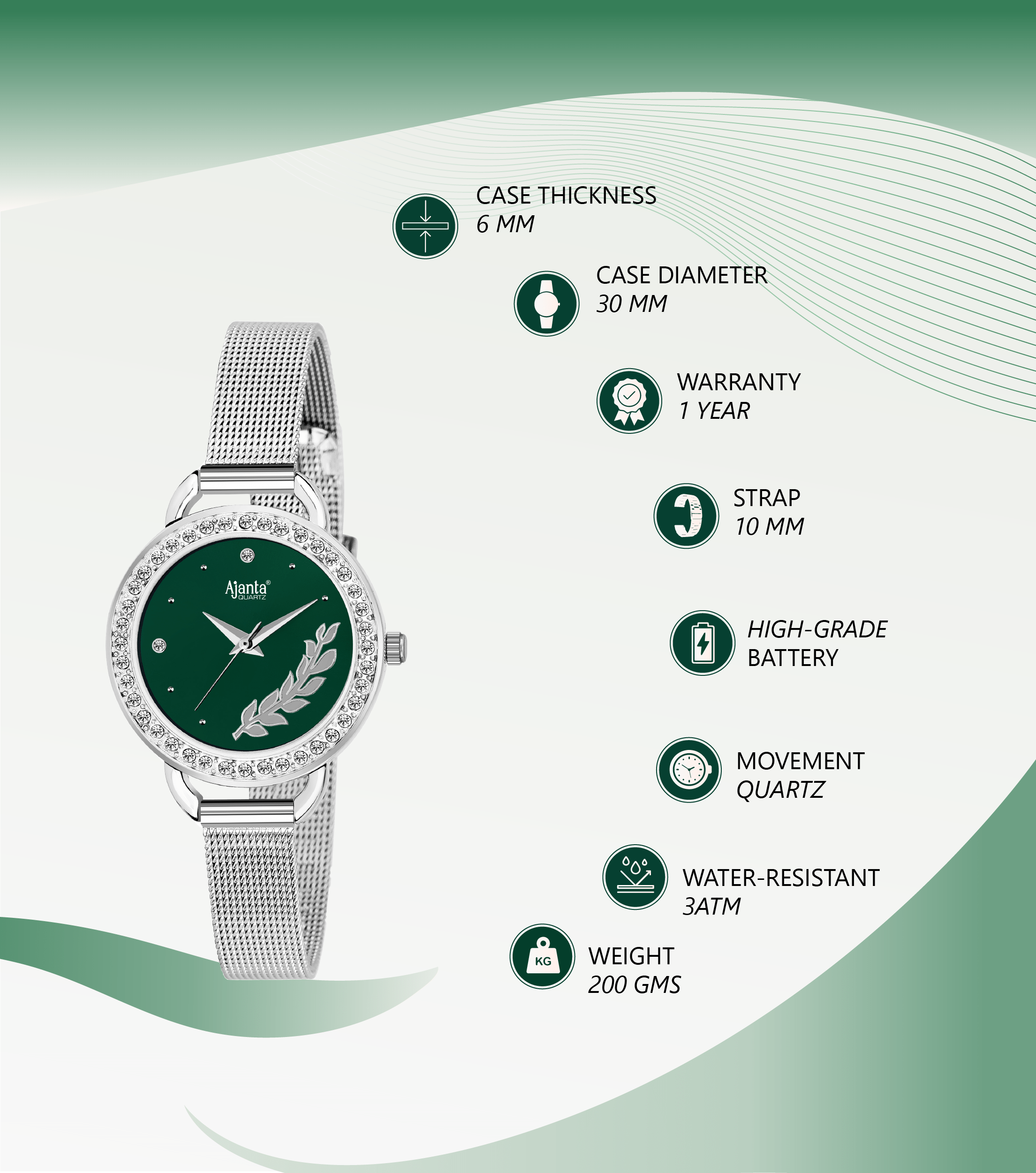 Ajanta Women’s Green Dial Stainless Steel Strap Watch | AWC203KTL/1/DGS/SSME