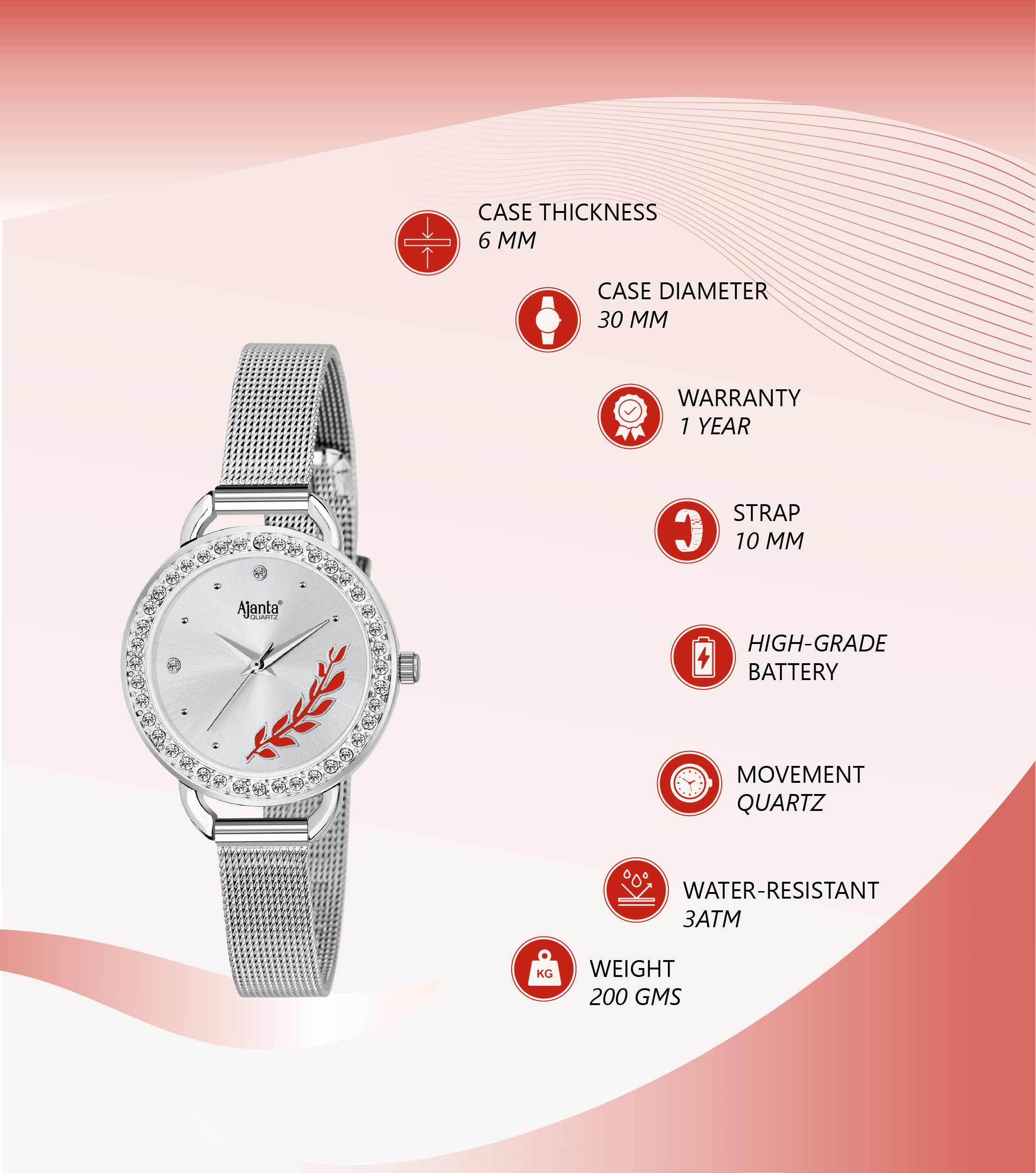 Ajanta Women’s Black Dial Stainless Steel Strap Watch | AWC203KTL/2/SLS/SSME