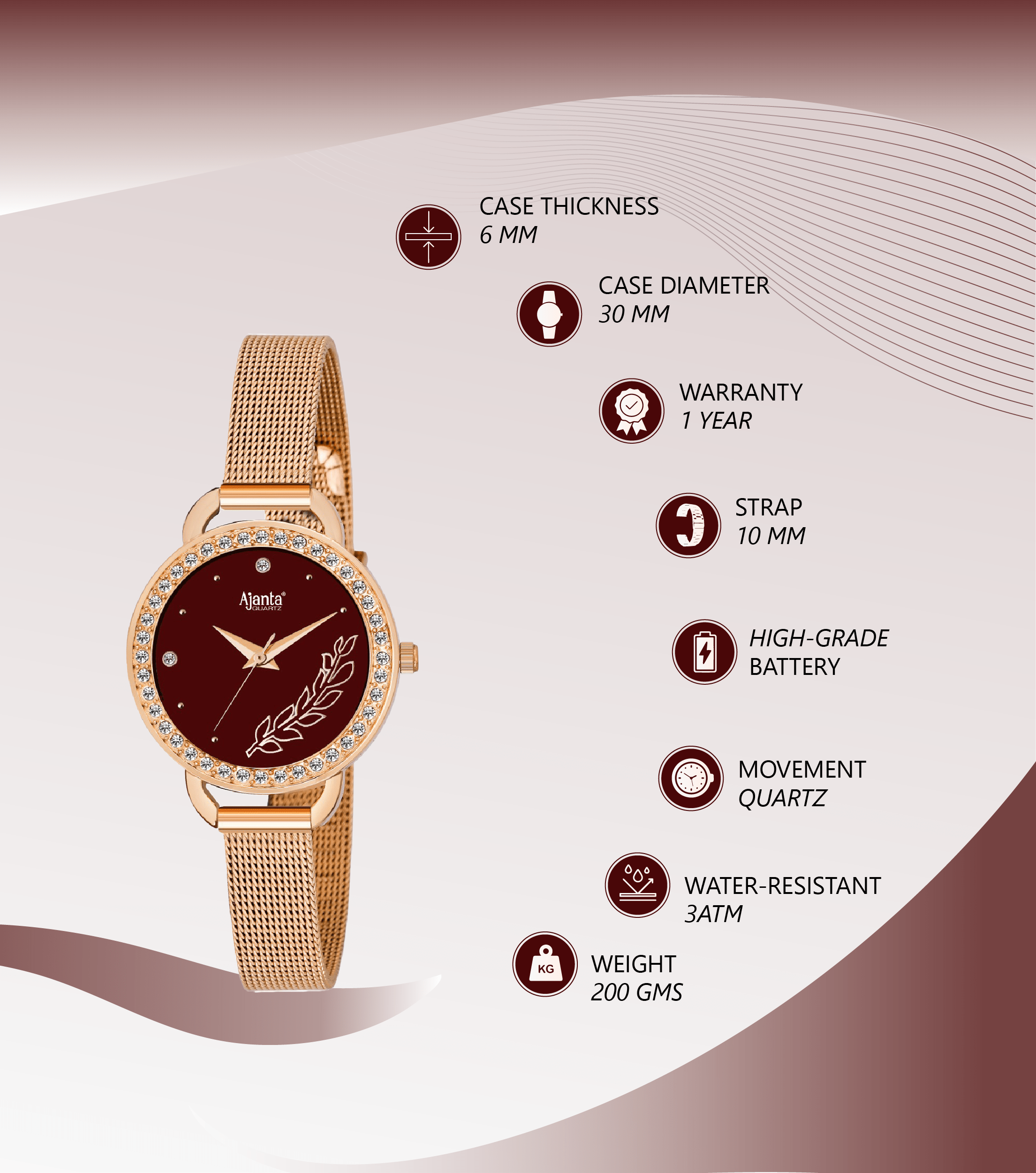 Ajanta Elegant Rose Gold Mesh Strap Women’s Watch | AWC203KTL/6/MRR/RME