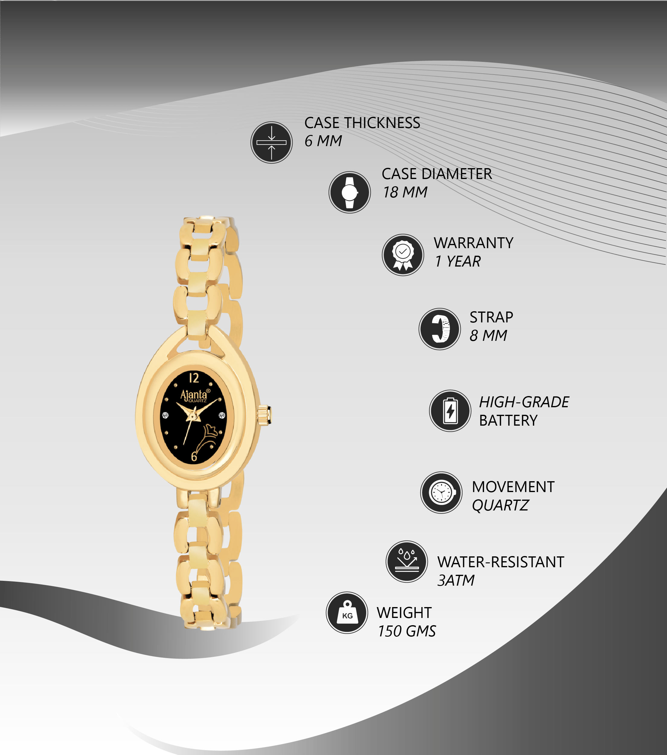 Ajanta Black Dial Strap Watch | AWC409-1