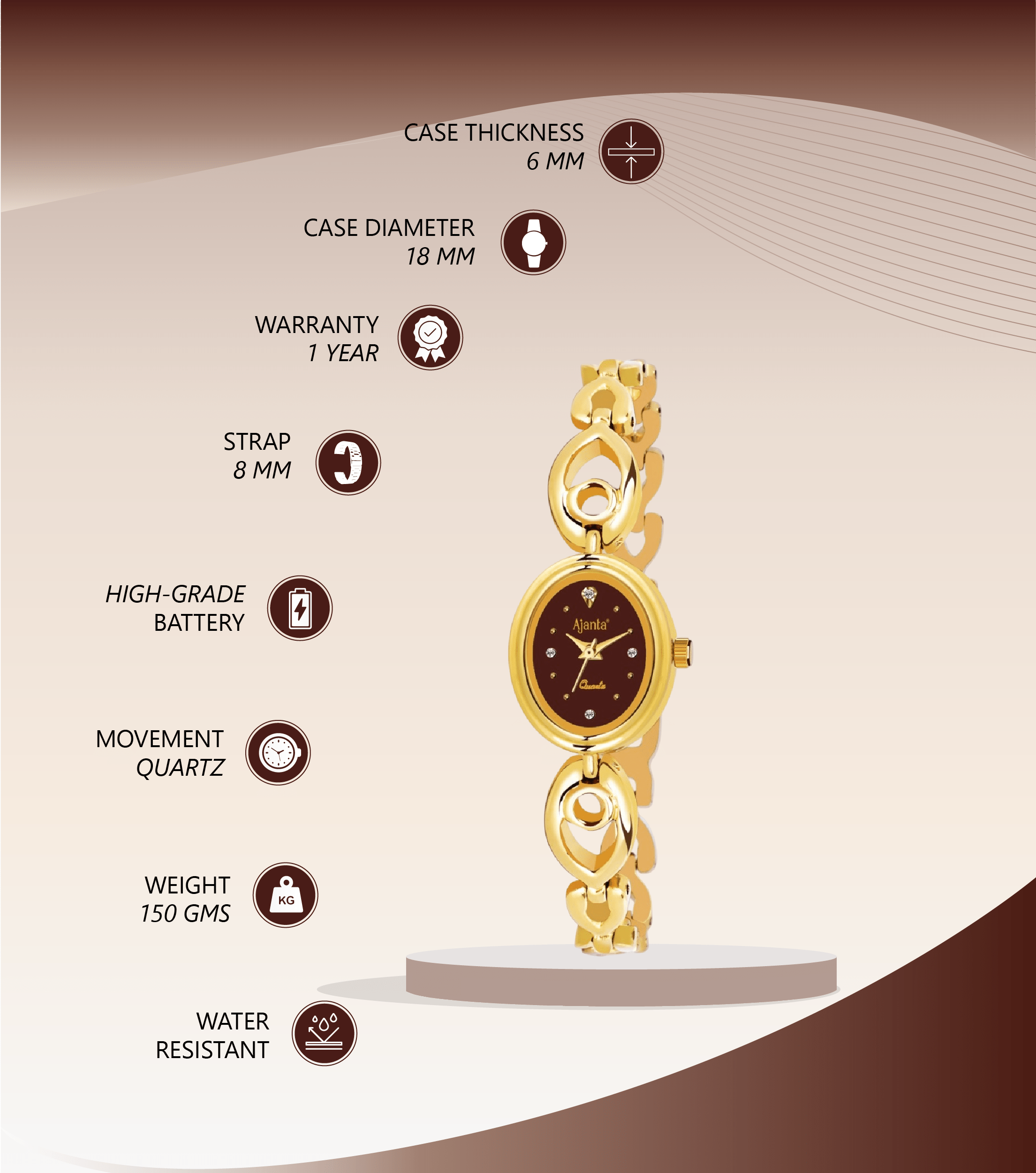 Ajanta Gold Women’s Watch – Maroon Oval Dial | AWC411MRL/5