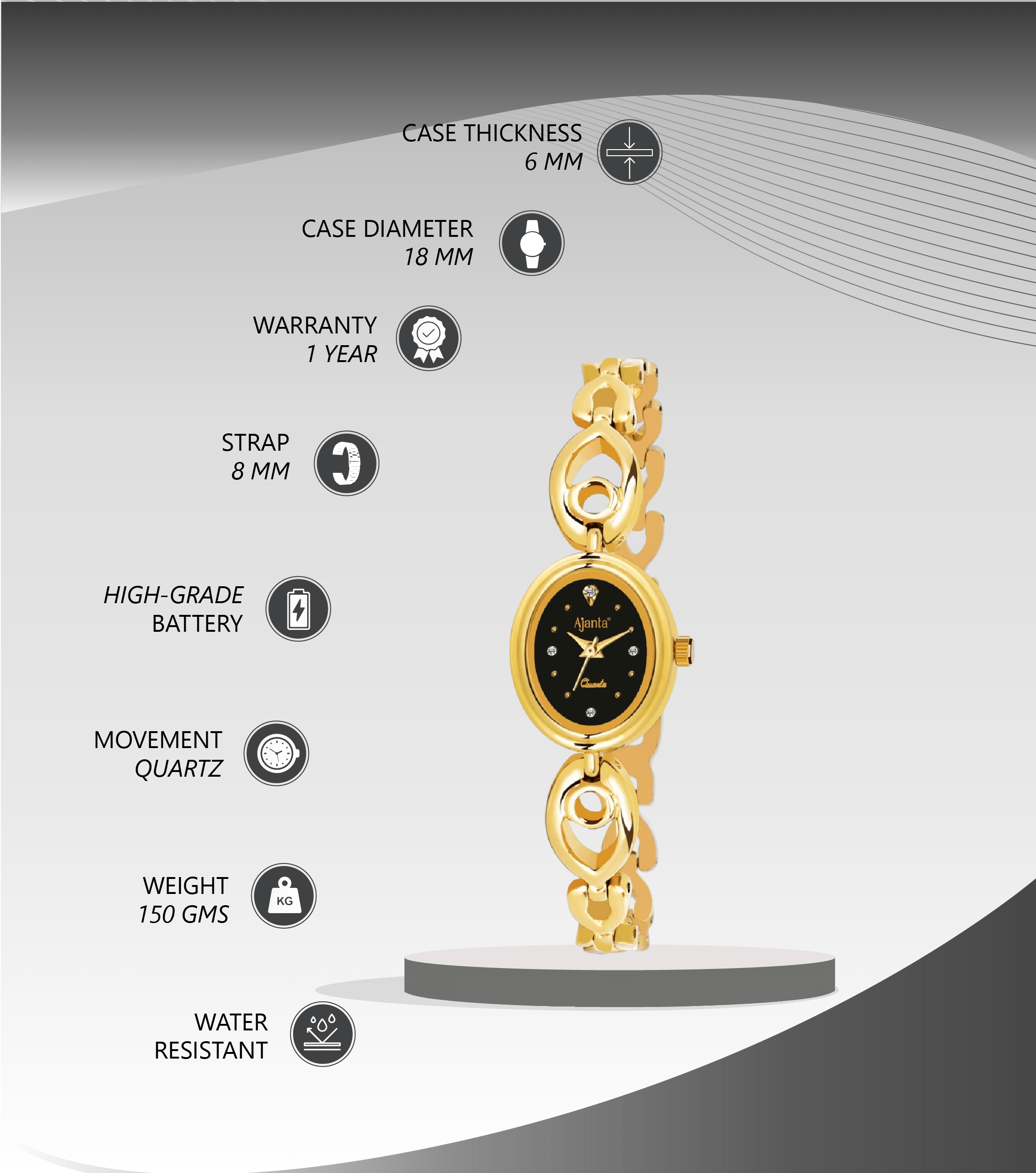 Ajanta Gold Women’s Watch – Black Oval Dial  | AWC411MRL/1