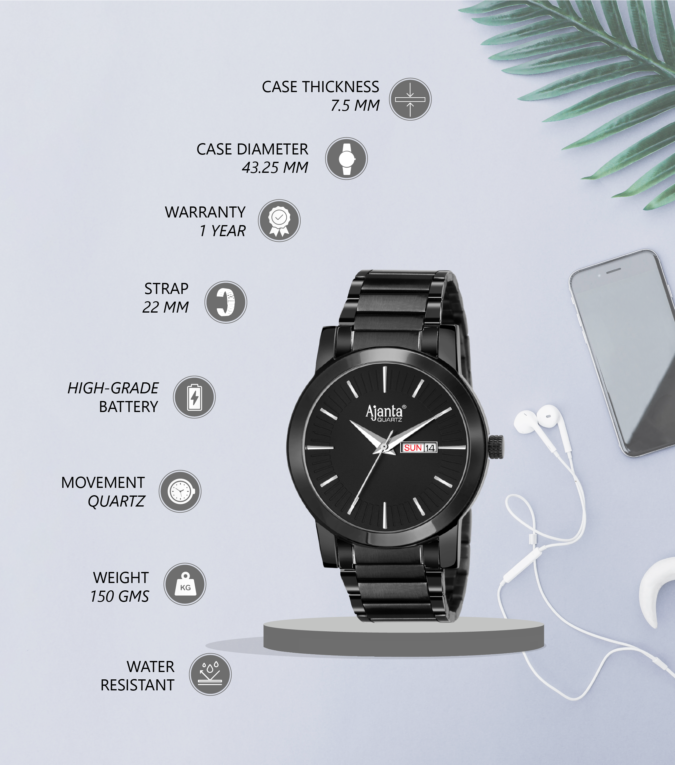 Ajanta Black Dial Strap Watch | AWC502-1ISG/BLS/B/BL