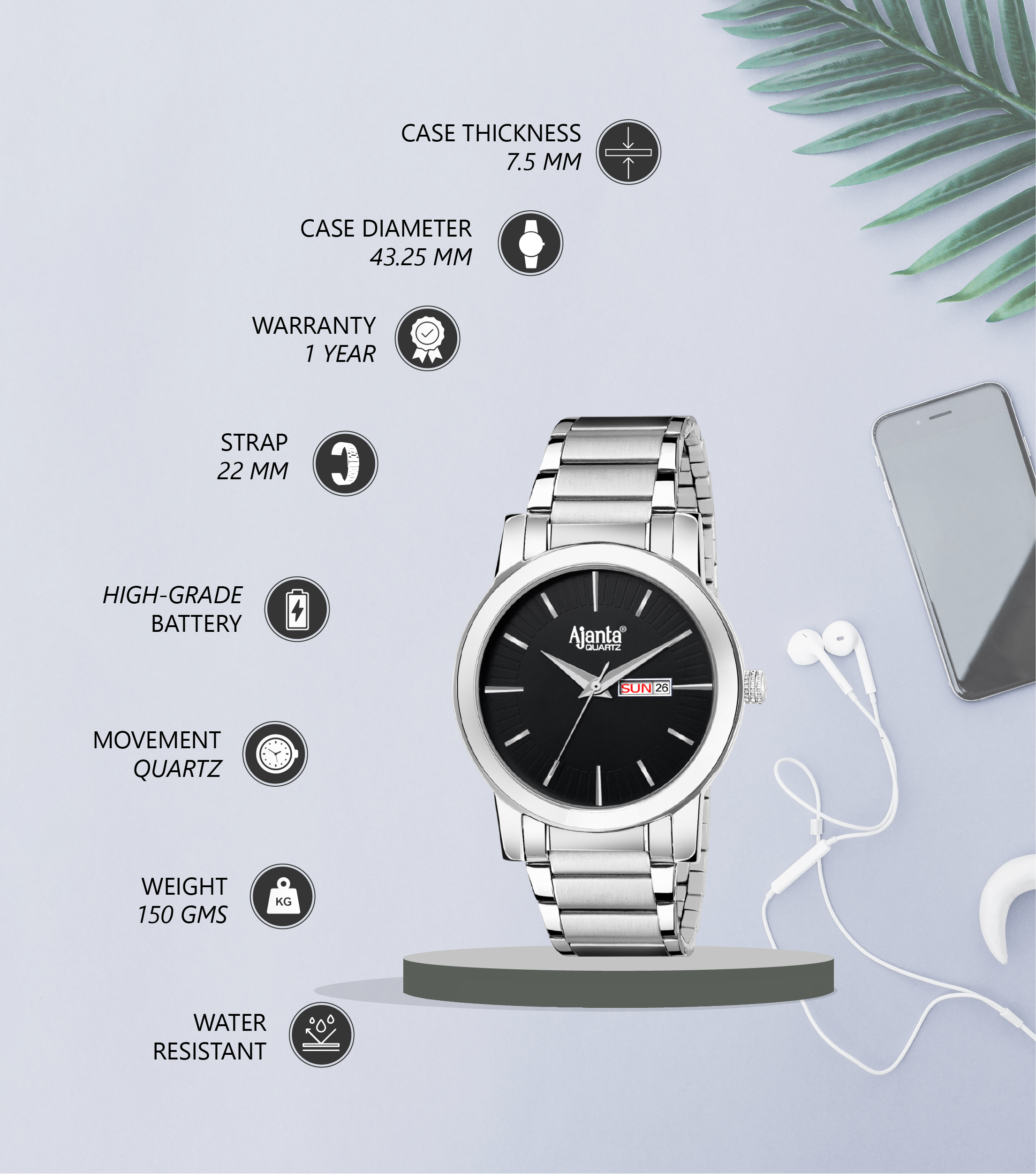 Ajanta Black Dial Strap Watch | AWC502-4ISG/BLS/SS