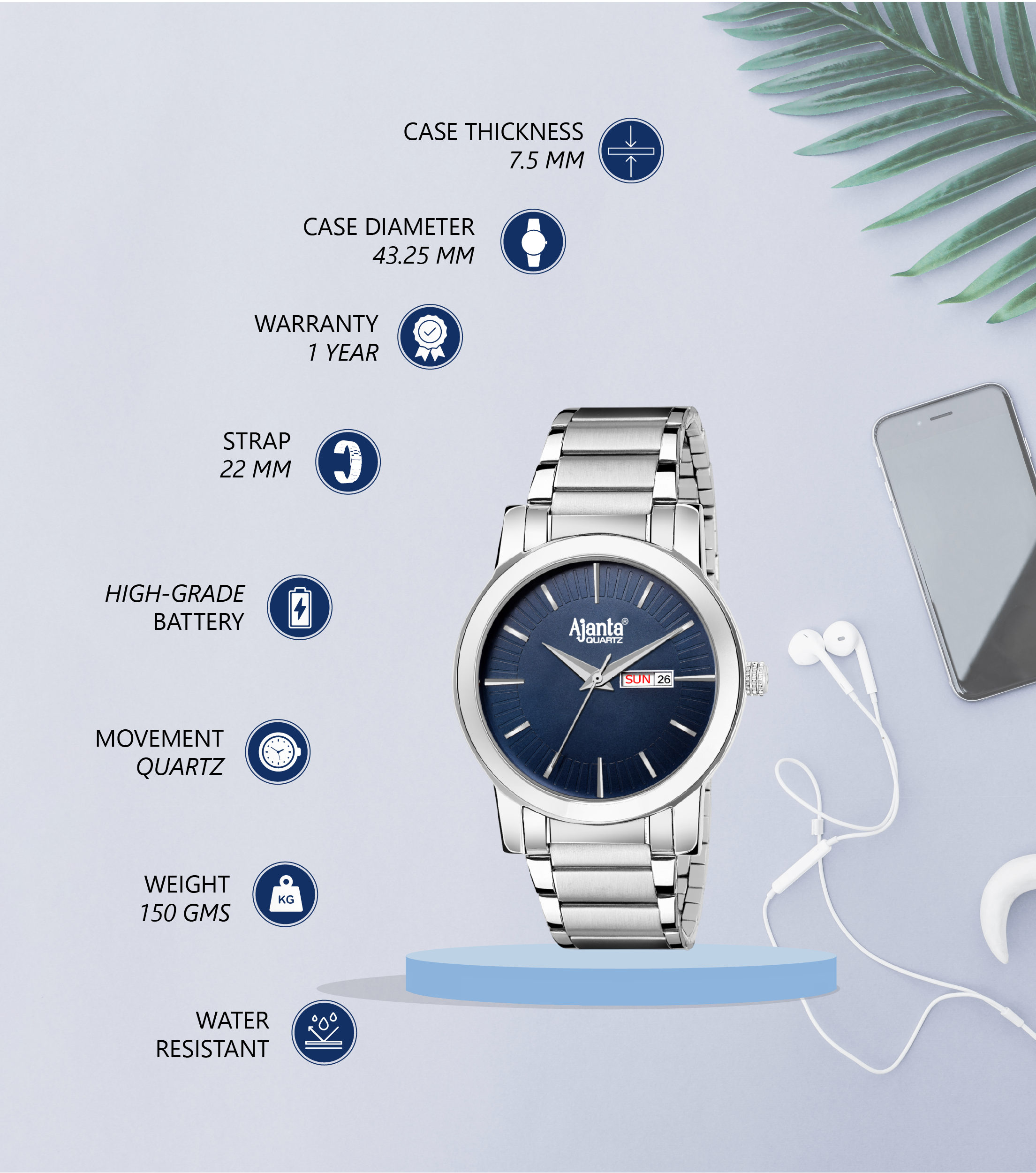 Ajanta Blue Dial Strap Watch | AWC502-5ISG/BS/SS