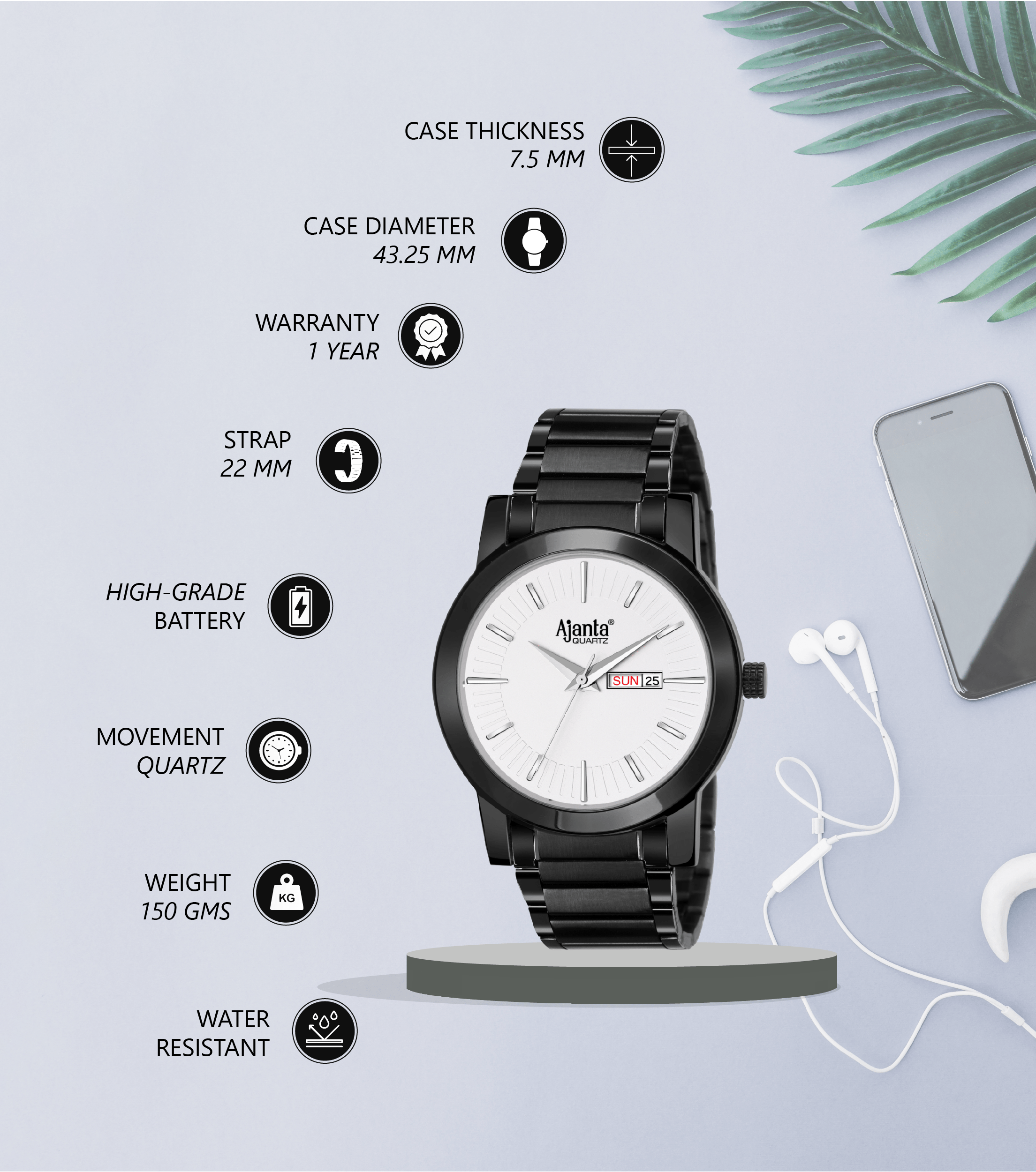 Ajanta White Dial Stainless Steel Watch| AWC502-3ISG/SLS/B/BL