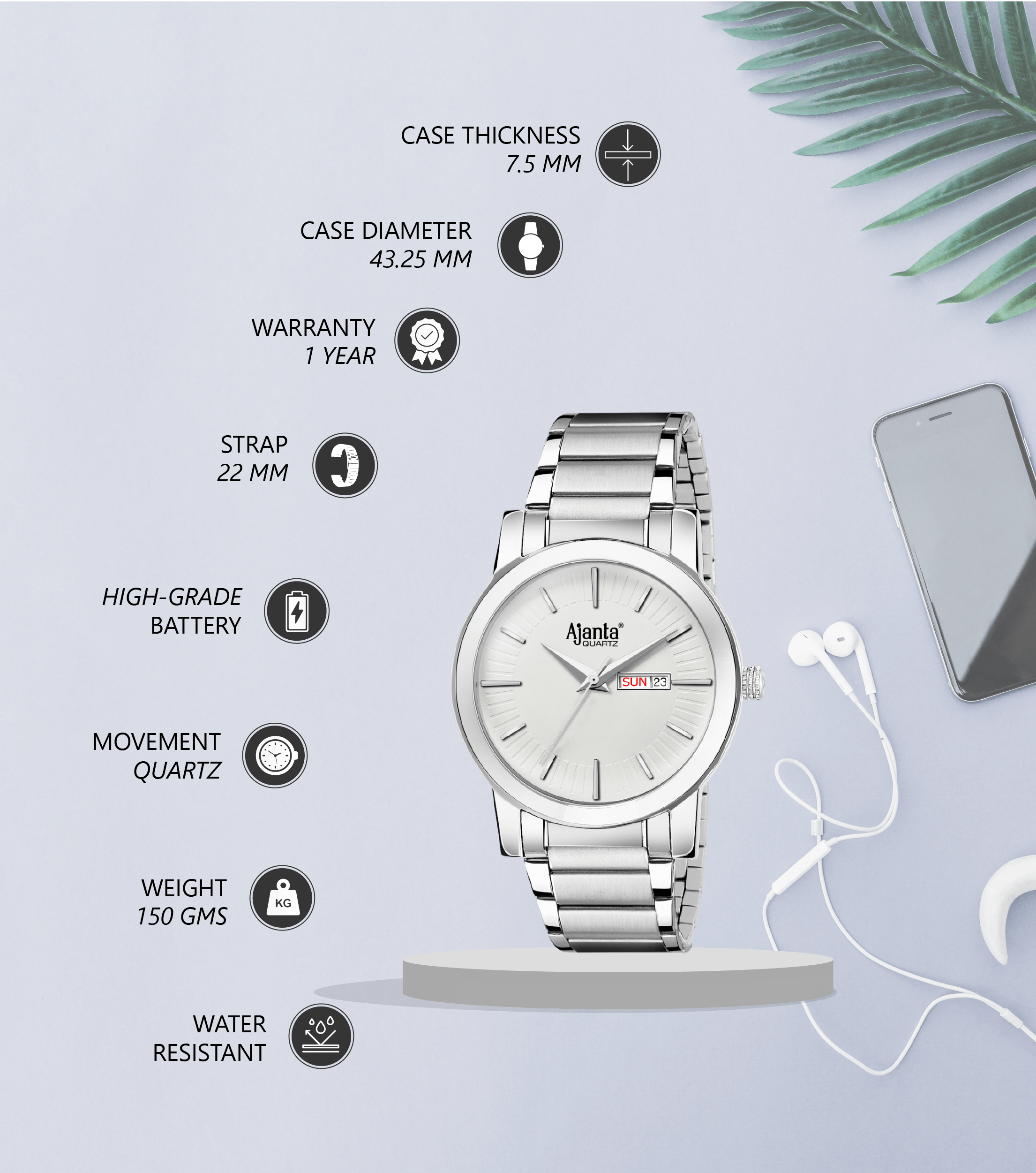 Ajanta White Dial Strap Watch | AWC502-6ISG/SS/SS