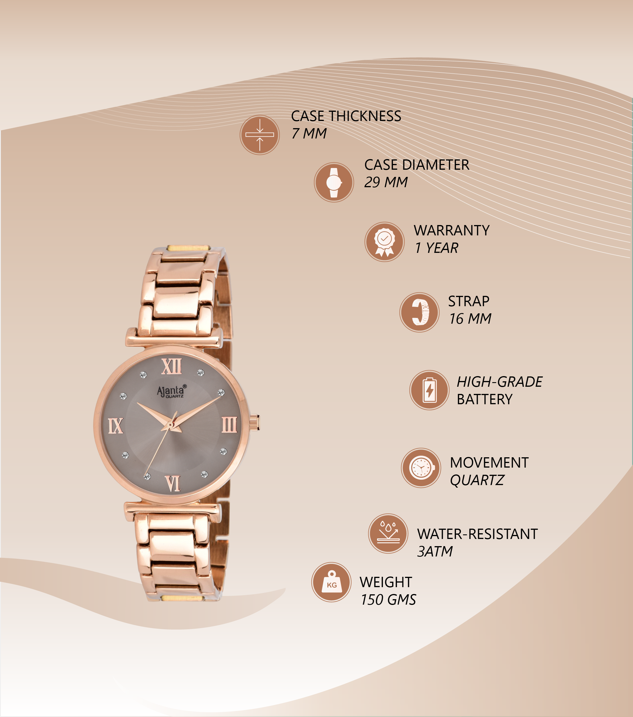 Ajanta Quartz Rose Gold Analog Watch for Women  — Elegant Stainless Steel  Bracelet, Grey Dial, Premium Stylish Design | AWC119ESL/3