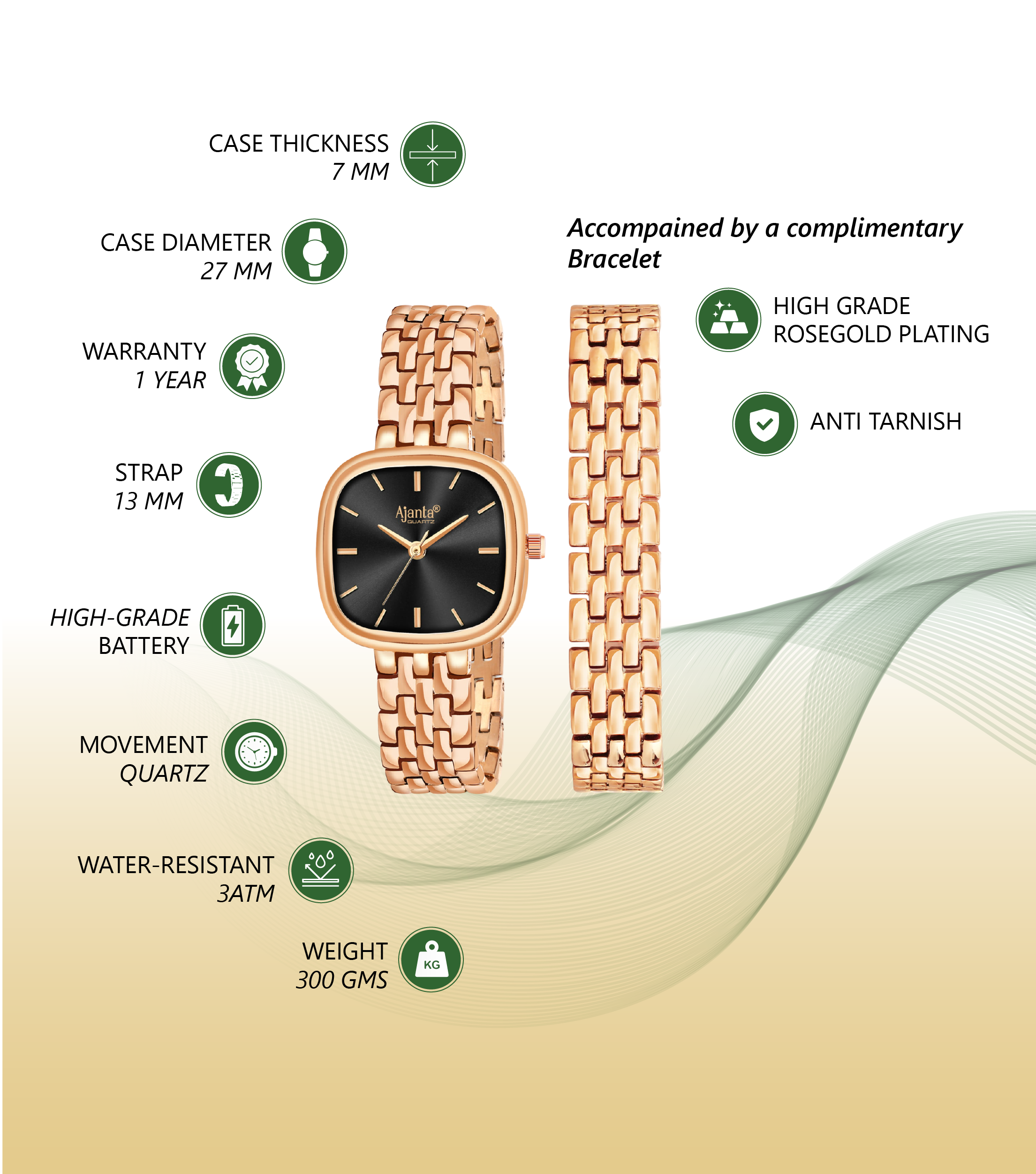Starlé Black Dial Rose Gold-Tone Bracelet Set
