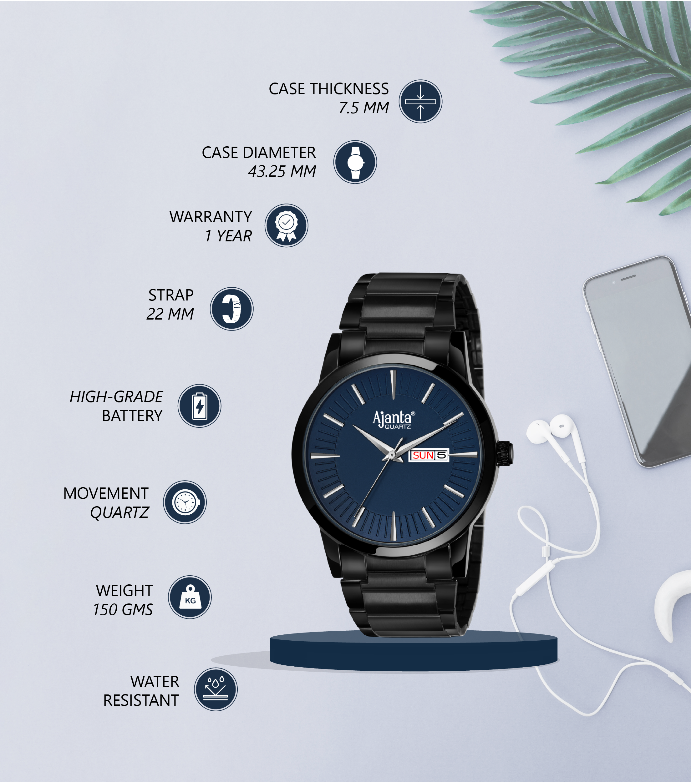 Ajanta Classic Men’s Analog Watch – Black Stainless Steel Day Date Blue Dial Stylish Wrist Watch | AWC502-2ISG/BS/B/BL