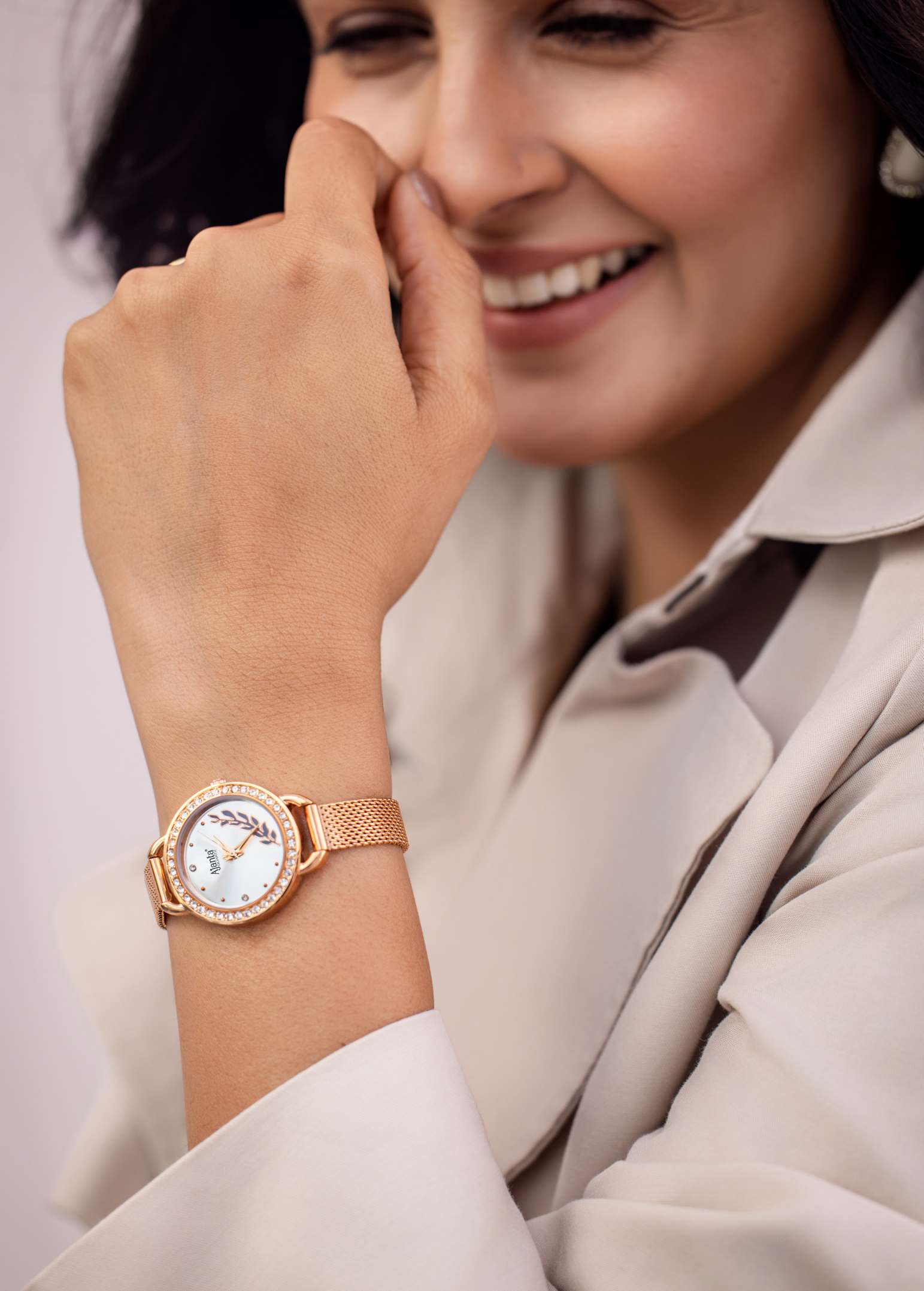 Ajanta Rose Gold Women's Quartz Watch with Silver Designer Dial, Crystal Bezel & Stainless Steel Mesh Strap| AWC203KTL/5/SLR/RME